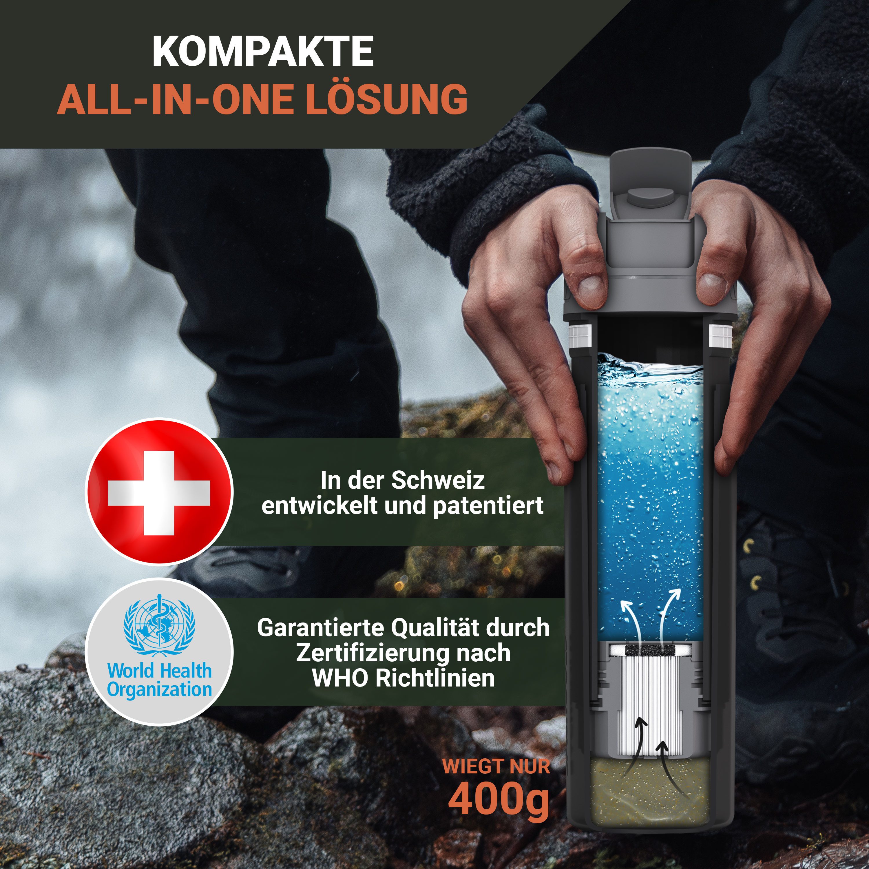 BACHGOLD Wasserfilter Bachgold® Profi Outdoor Wasserfilter Flasche [650ml], Sauberes Trinkwasser innerhalb weniger Sekunden