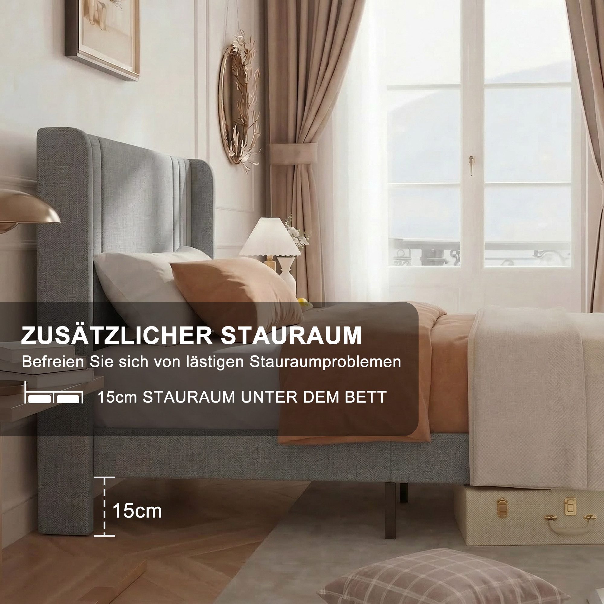 Simurq Einzelbett Polsterbett 90x200 mit Leinenbezug, Einzelbett mit Lattenrost (Gästebett, Lattenrost und 15 cm Bodenfreiheit), Jugendbett Beige oder Grau – Bild 5 von 5