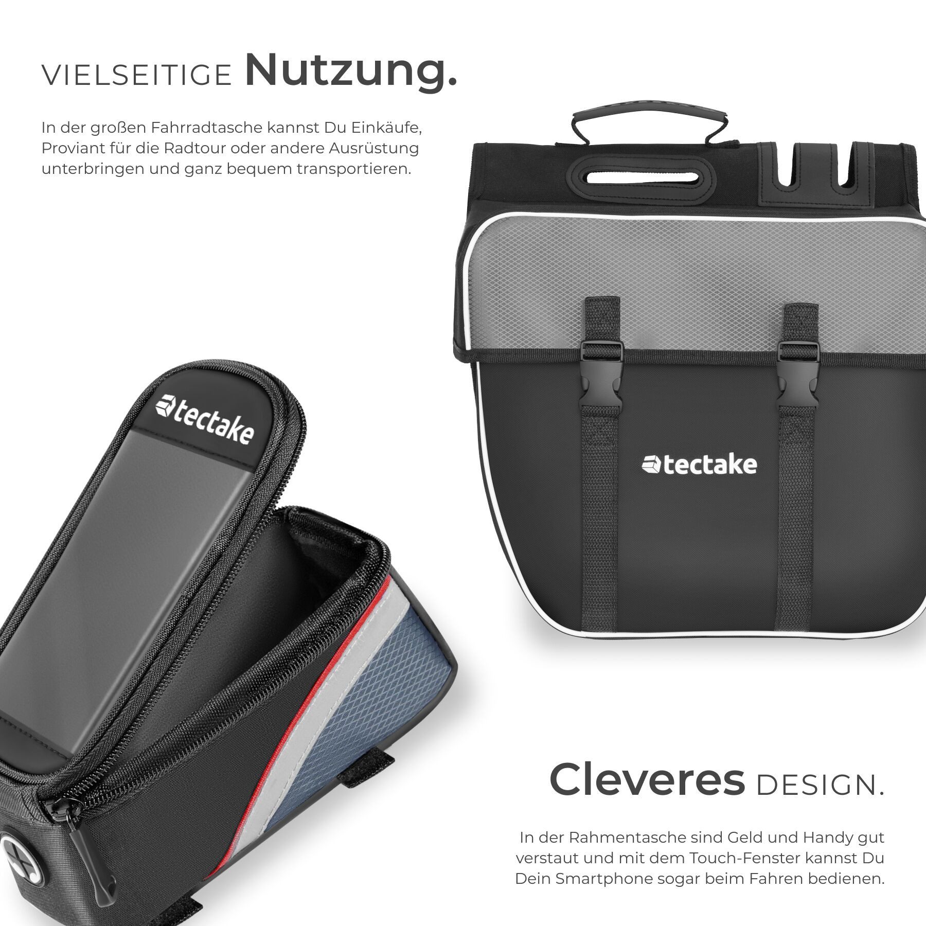 tectake Fahrradtasche Set Fahrradtasche Georg und Rahmentasche - wasserabweisend (Fahrradtasche GEORG, in schwarz/rot), Mit Reflektorstreifen und ergonomischem Tragegriff