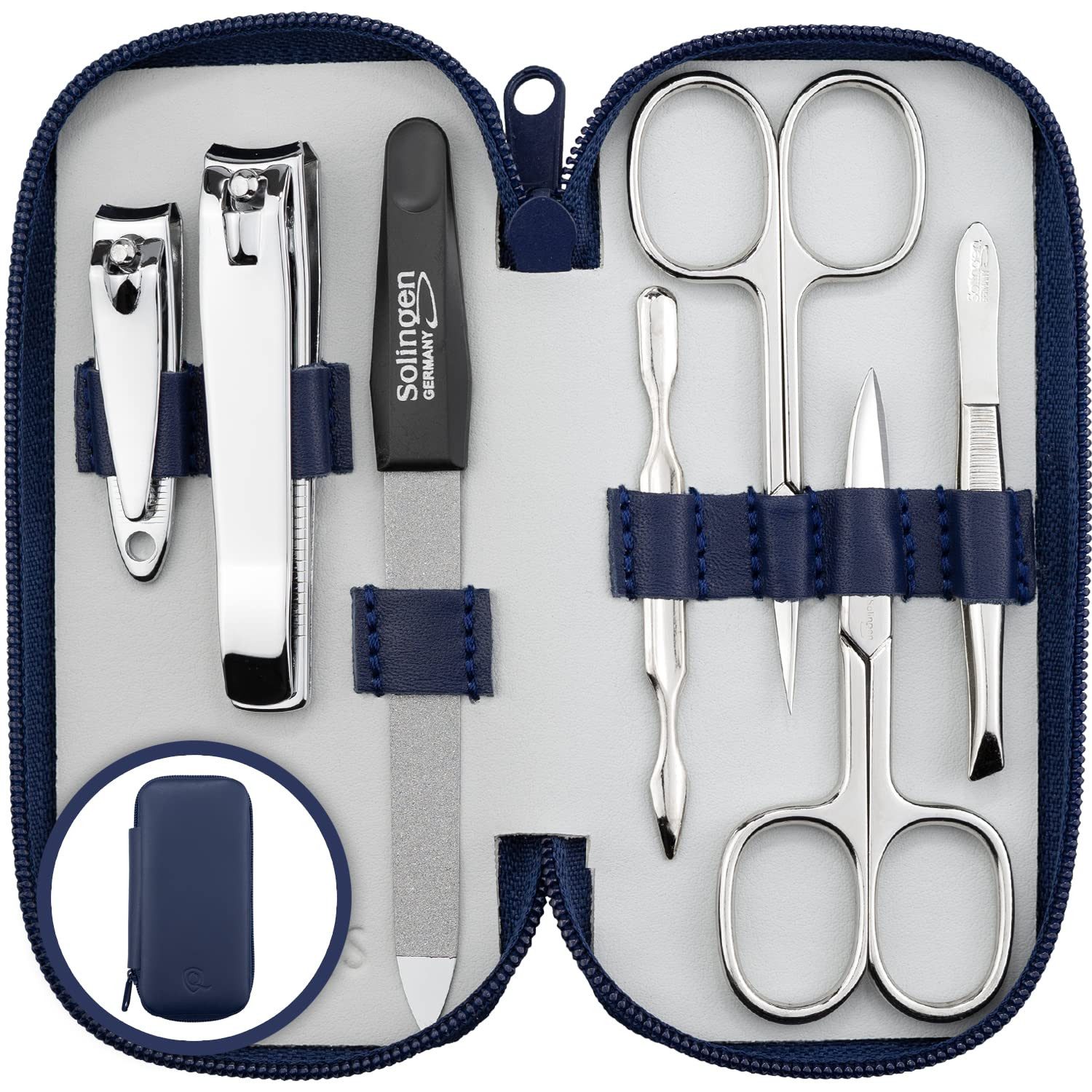 marQus Maniküre-Pediküre-Set Maniküre Set Solingen - Vergleichssieger mit Top Preis/Leistung, Echt Leder Etui handlich und weich, 7teiliges Nagelset aus glanzvernickeltem poliertem Stahl