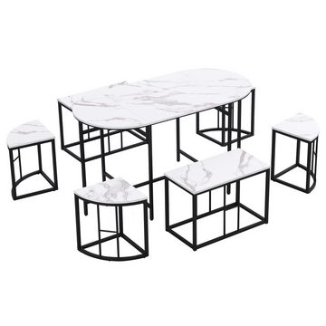 PHOEBE CAT Essgruppe, (7-tlg., mit Esstisch, 4 kleinen Hockers und 2 großen Hockers), Küchentisch Set, Tisch in Marmoroptik, Stahlrahmen