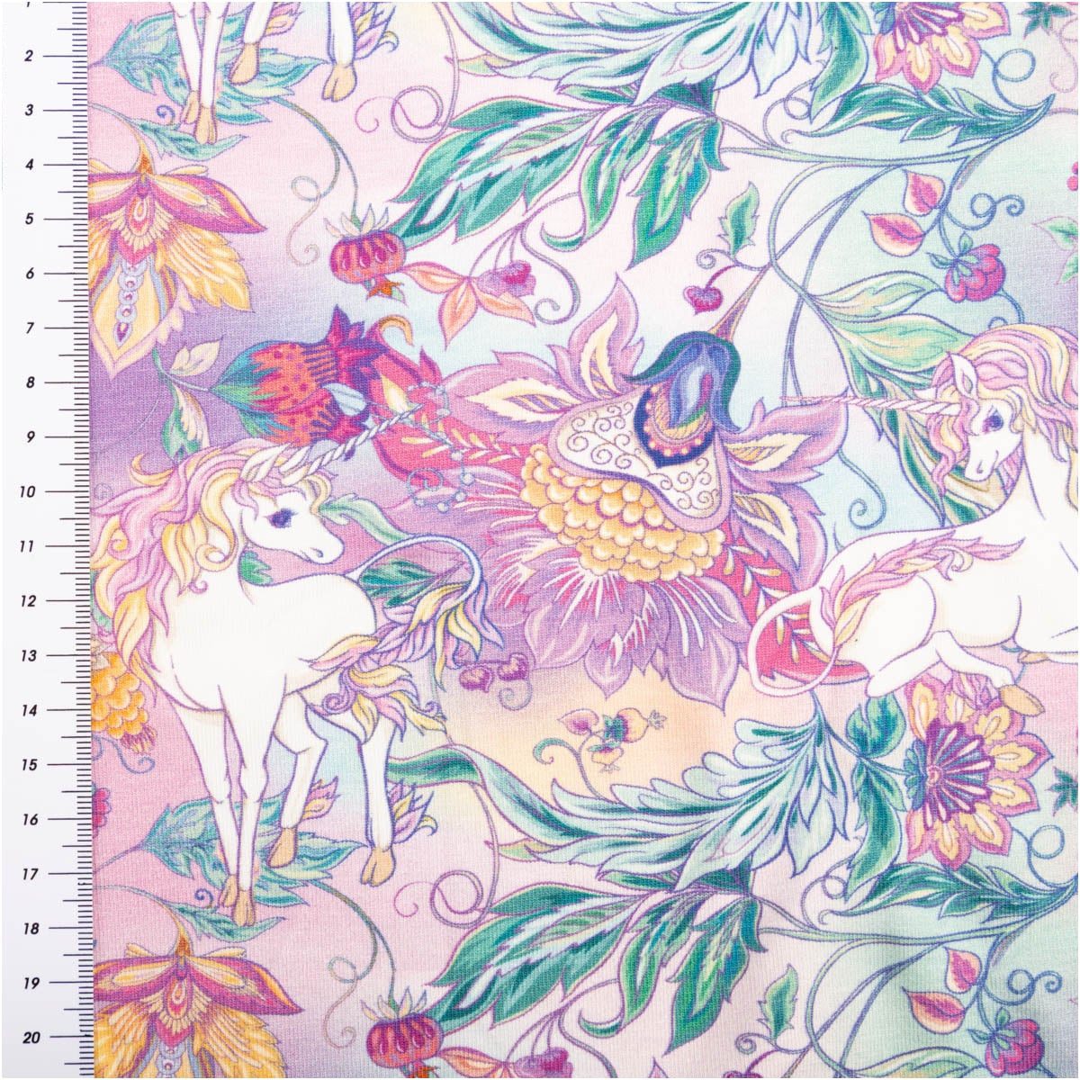 SCHÖNER LEBEN. Stoff Jersey Stoff Meterware Baumwolljersey Einhörner Blumen rosa lila 145cm, allergikergeeignet