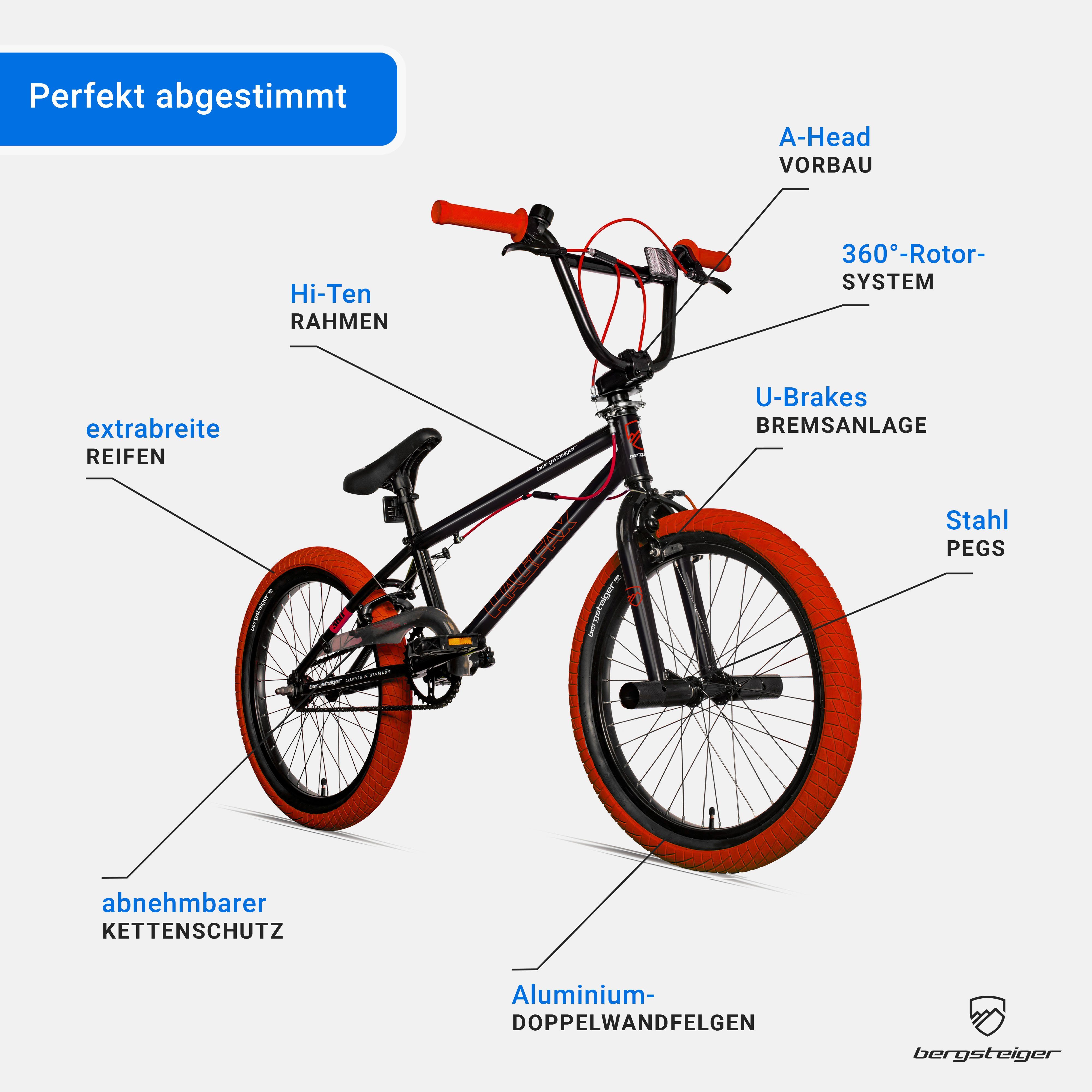 bergsteiger BMX-Rad Halifax 20 Zoll, 360° Rotor-System, Freestyle, Mädchen, Jungen, 1 Gang, U-Bremse – Bild 5 von 5