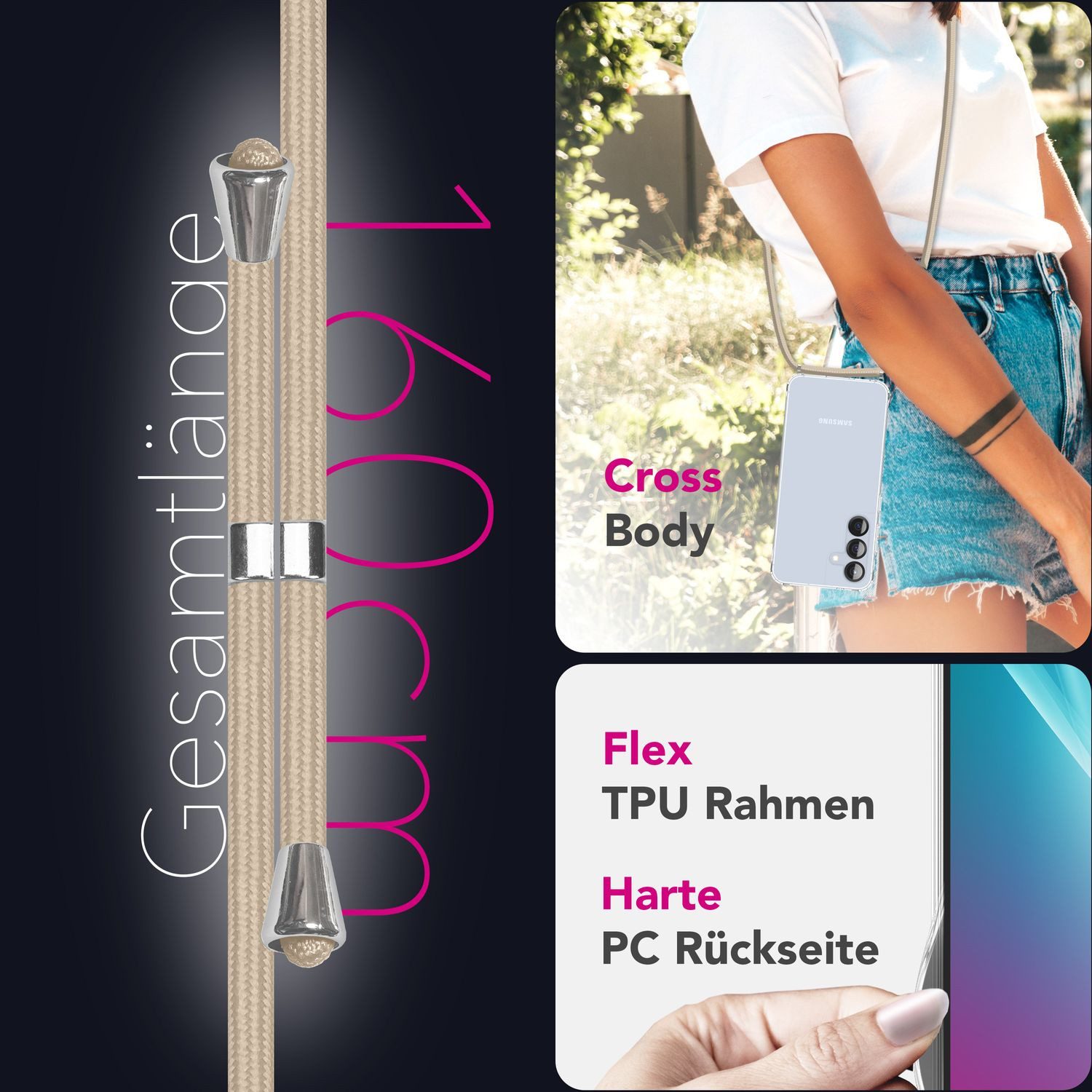 Nalia Smartphone-Hülle Samsung Galaxy S25 15,7 cm (6,2 Zoll), Hangit / Klare Umhängehülle / Verstellbares Handyband / 160cm Kette