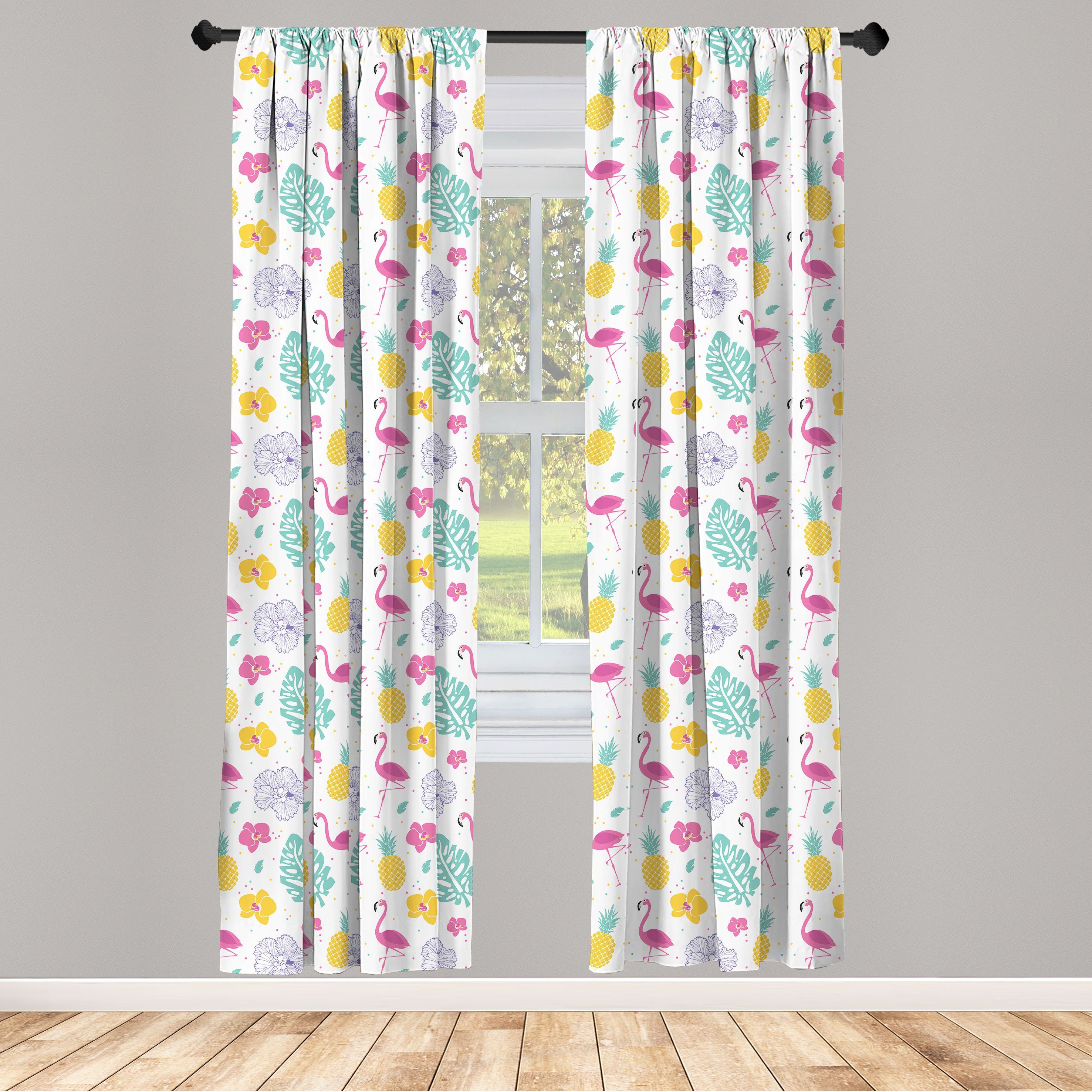 Gardine Vorhang für Wohnzimmer Schlafzimmer Microfaser, Blütenblätter Abakuhaus, Flamingo Blatt Luau Dekor, Ananas