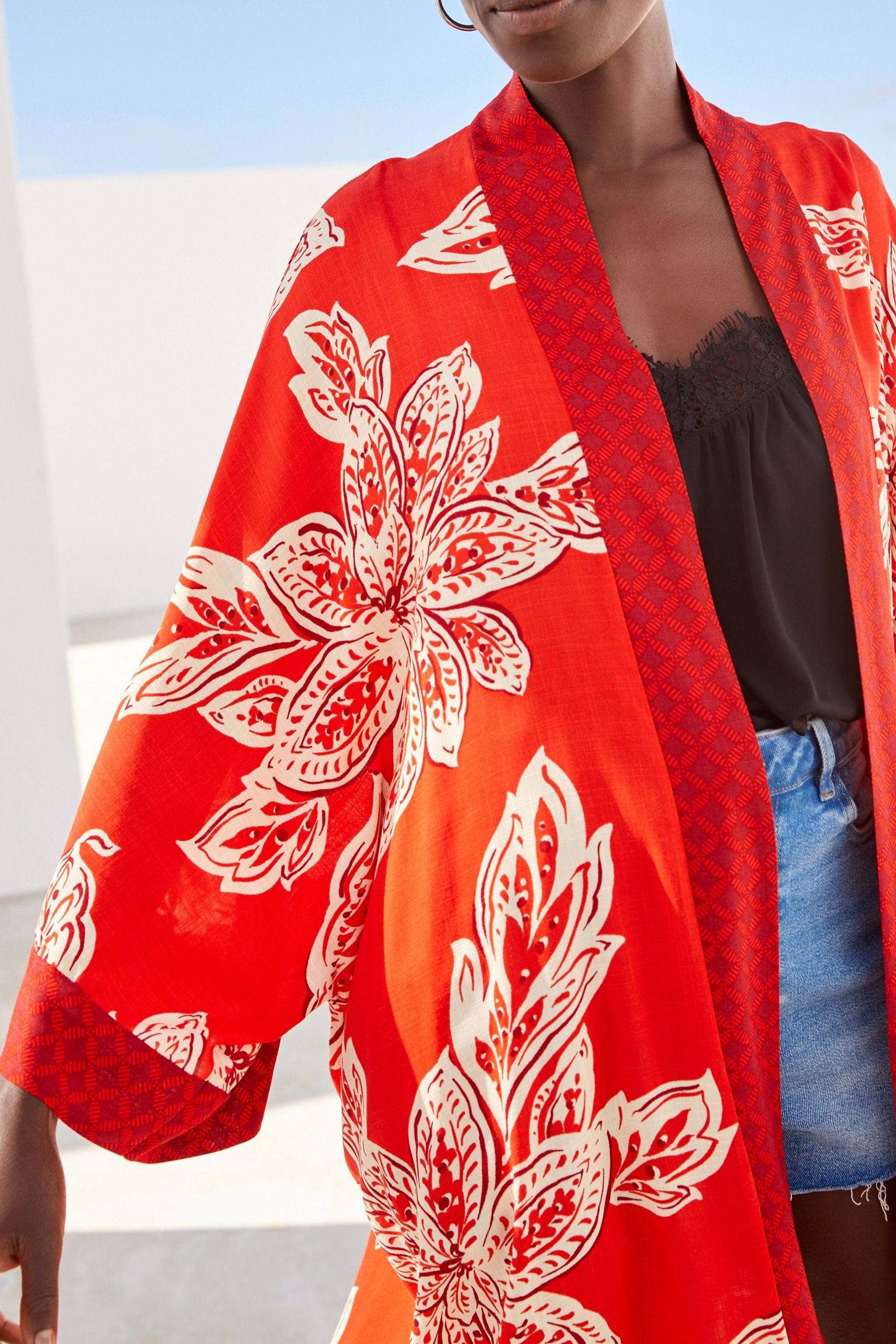 Laub-Print mit Next (1-tlg) Blusenkimono Langer Kimono