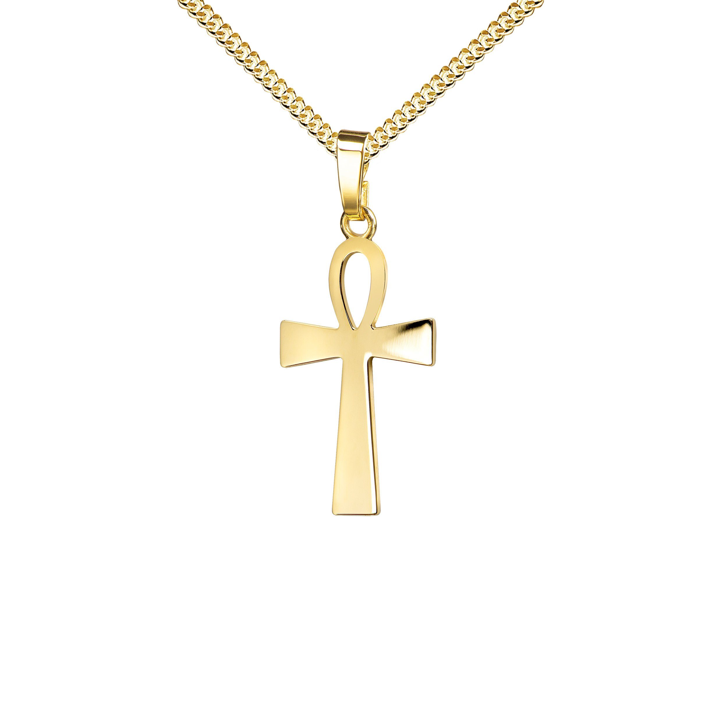JEVELION Kreuzkette ägyptisches Kreuz 750 Goldkreuz - Made in Germany (Goldanhänger, für Damen und Herren), Mit Kette vergoldet- Länge wählbar 36 - 70 cm oder ohne Kette.
