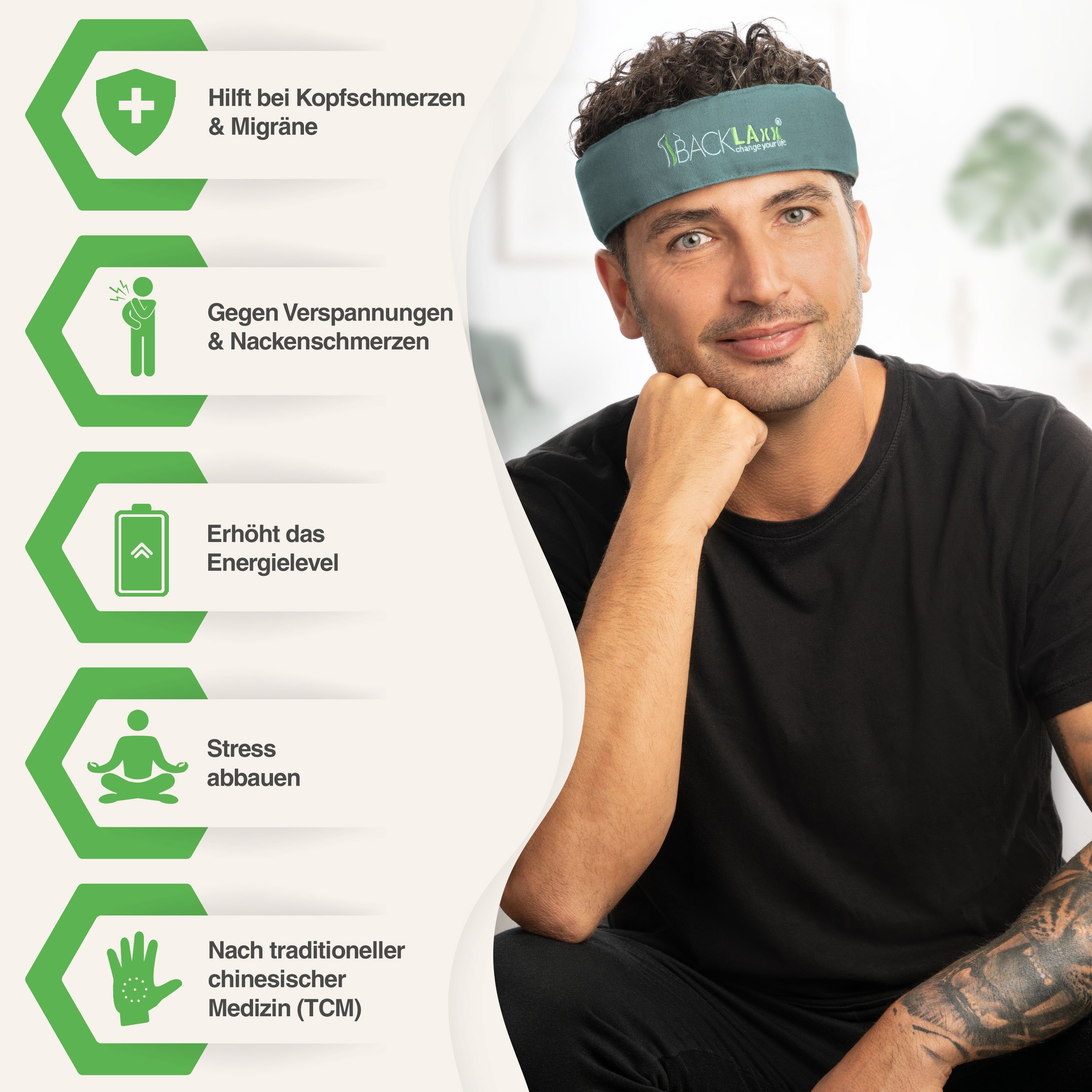 BACKLAxx® Massagegerät Akupressur Stirnband, Kopfband, Kopfmassagegerät mit Tasche zur Kopfmassage, Intensitätsregulierung durch Klettverschluss