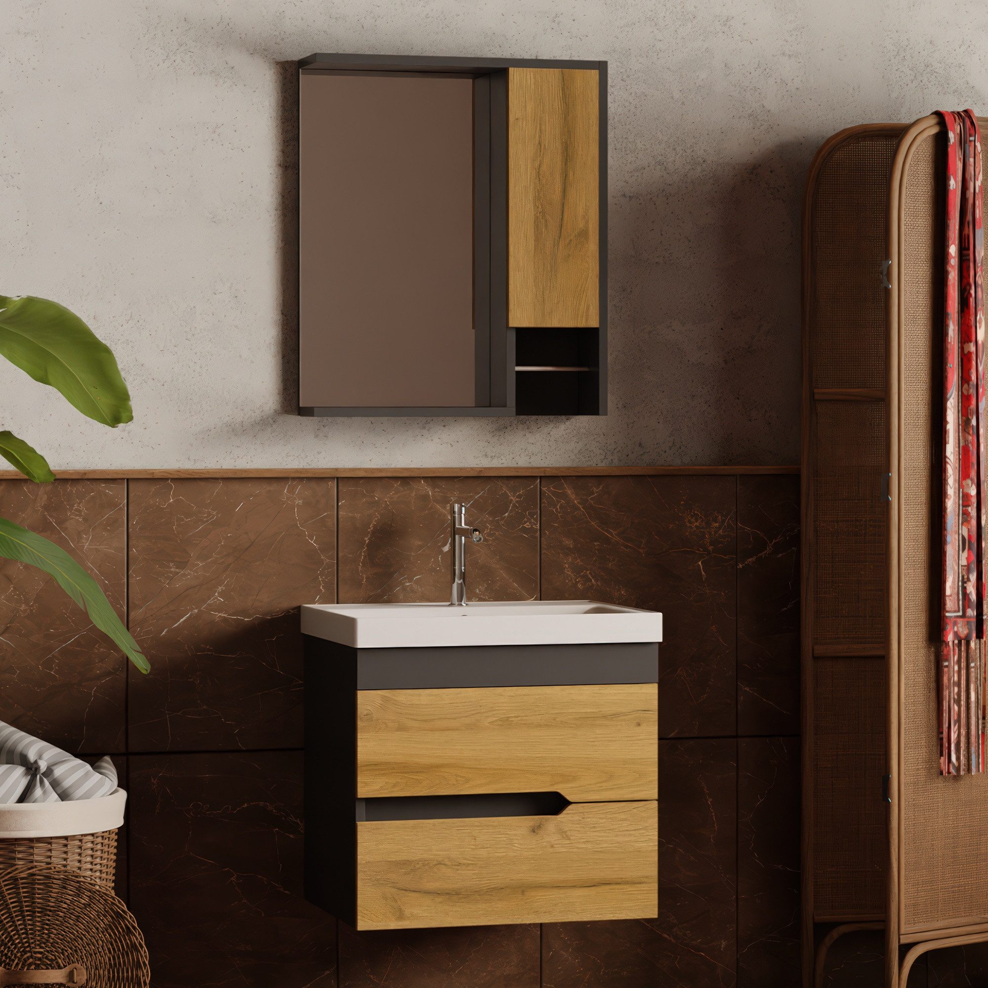 Karen Badmöbel-Set Badmöbel Set Marmara, (3-St., Unterschrank mit Schubladen, Spiegel mit Regalen, Keramikwaschbecken), Innovatives Design, MDF Lam, Softclose, Funktionalität