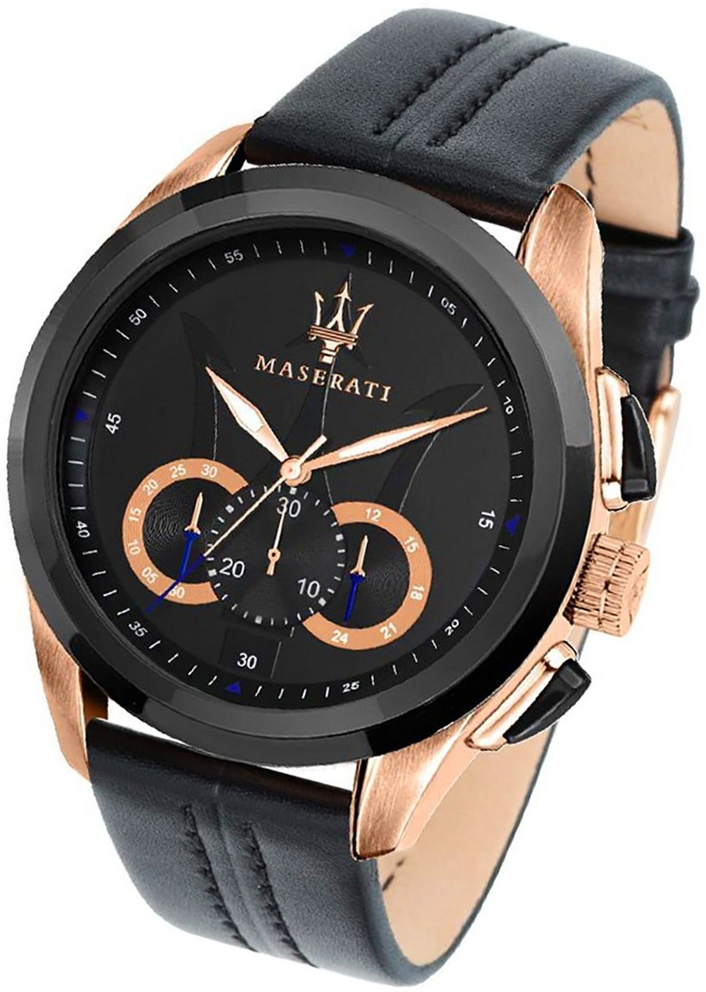 Herrenuhr rundes schwarz MASERATI (ca. Leder groß Chronograph Armband-Uhr, Gehäuse, 55x45mm) Lederarmband, Maserati