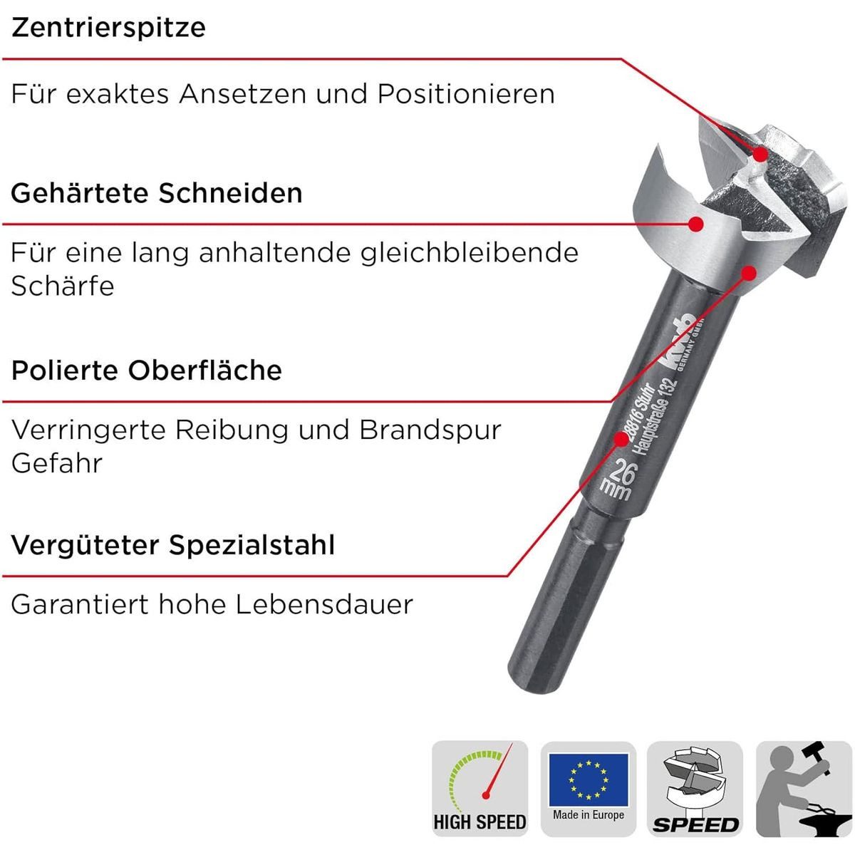 kwb Bohrer- und Bit-Set Speed Forstnerbohrer 16 mm SB, SPEED Forstnerbohrer ø 16 mm aus vergütetem Spezialstahl mit präzi