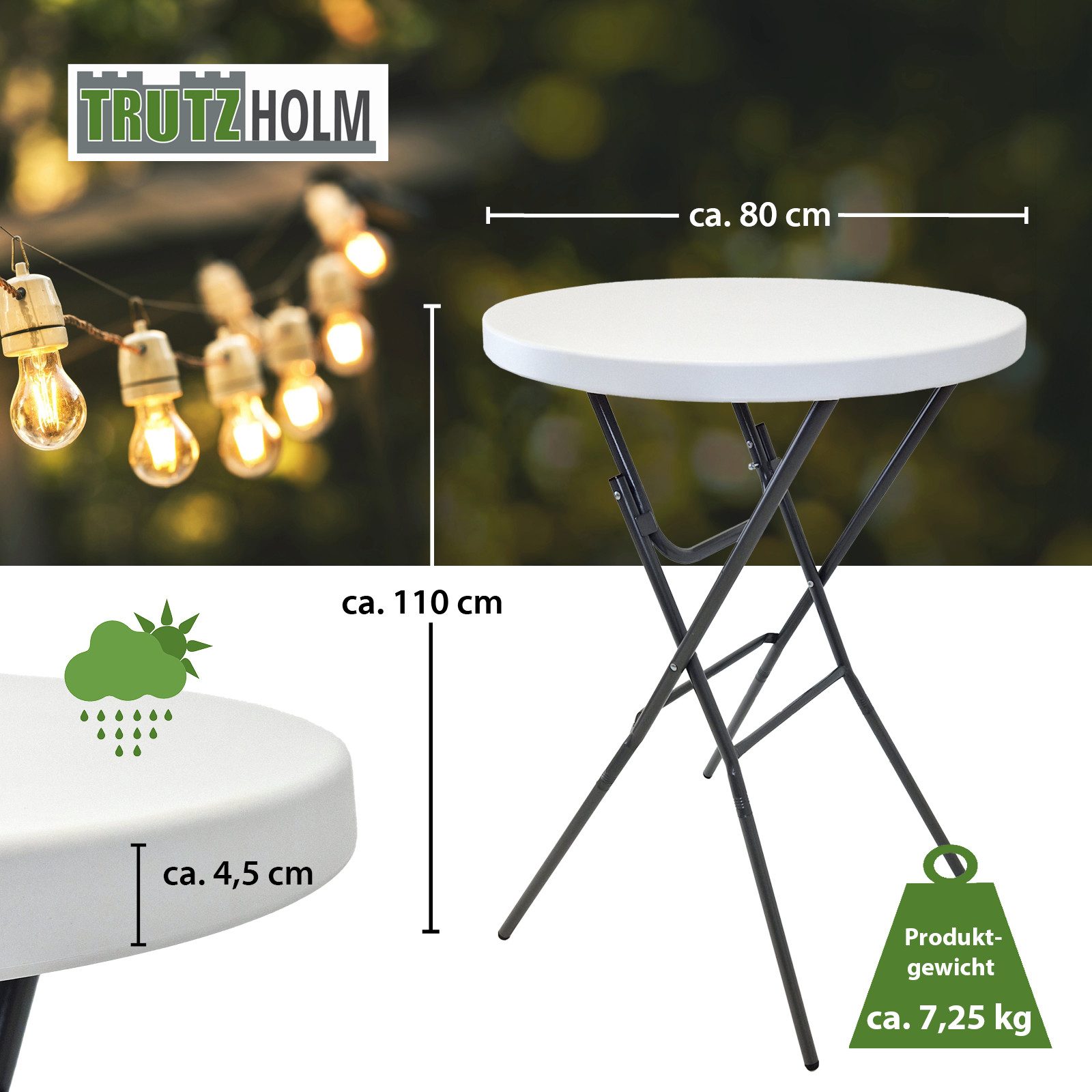 TRUTZHOLM Stehtisch klappbar Ø 80 cm Tischplatte Höhe 110 cm Partytisch Bistrotisch (Tisch), Pflegeleicht