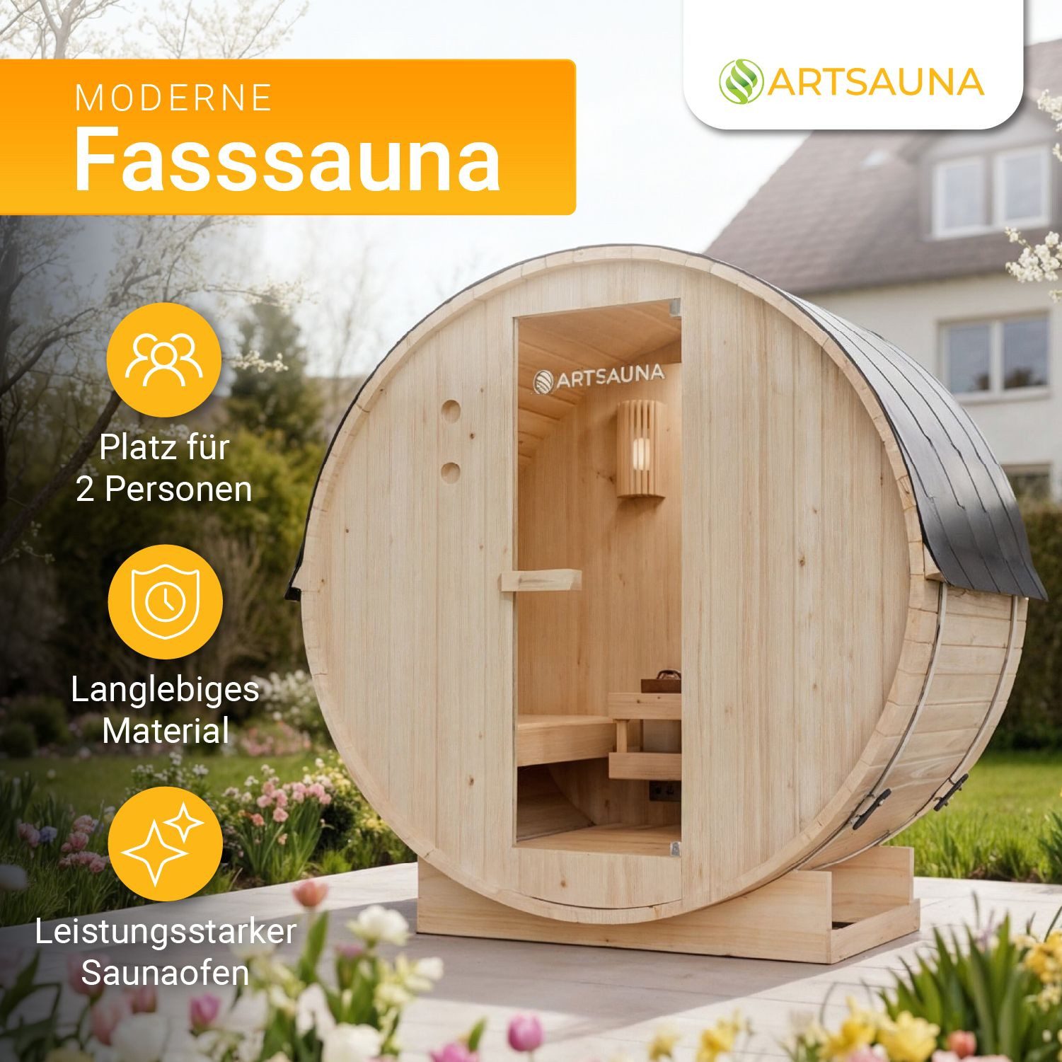 Artsauna Fasssauna Spitzbergen 120, BxTxH: 191 x 120 x 193 cm, für 2 Personen, Fichtenholz, 3,6 kW Elektro-Ofen, Komplett-Set