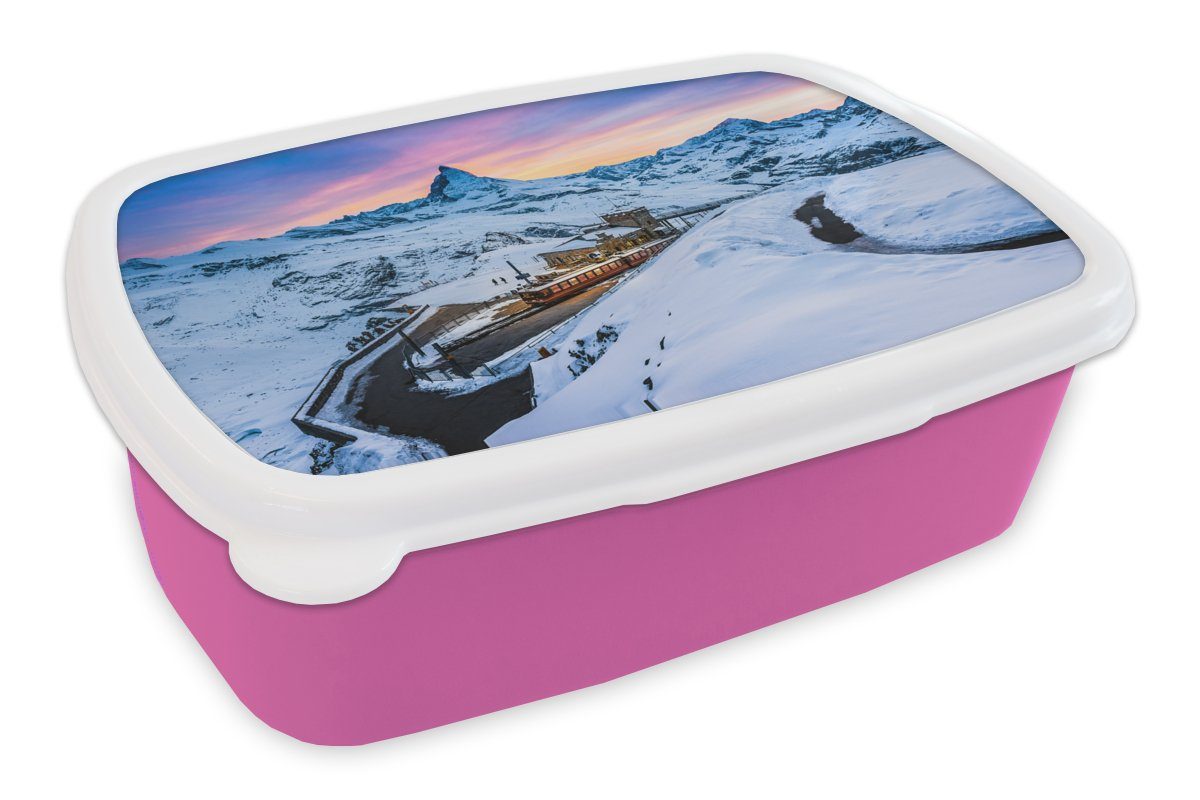 MuchoWow Lunchbox Dämmerung am Schweizer Matterhorn bei der Gornergratbahn, Kunststoff, (2-tlg), Brotbox für Erwachsene, Brotdose Kinder, Snackbox, Mädchen, Kunststoff rosa | Lunchboxen