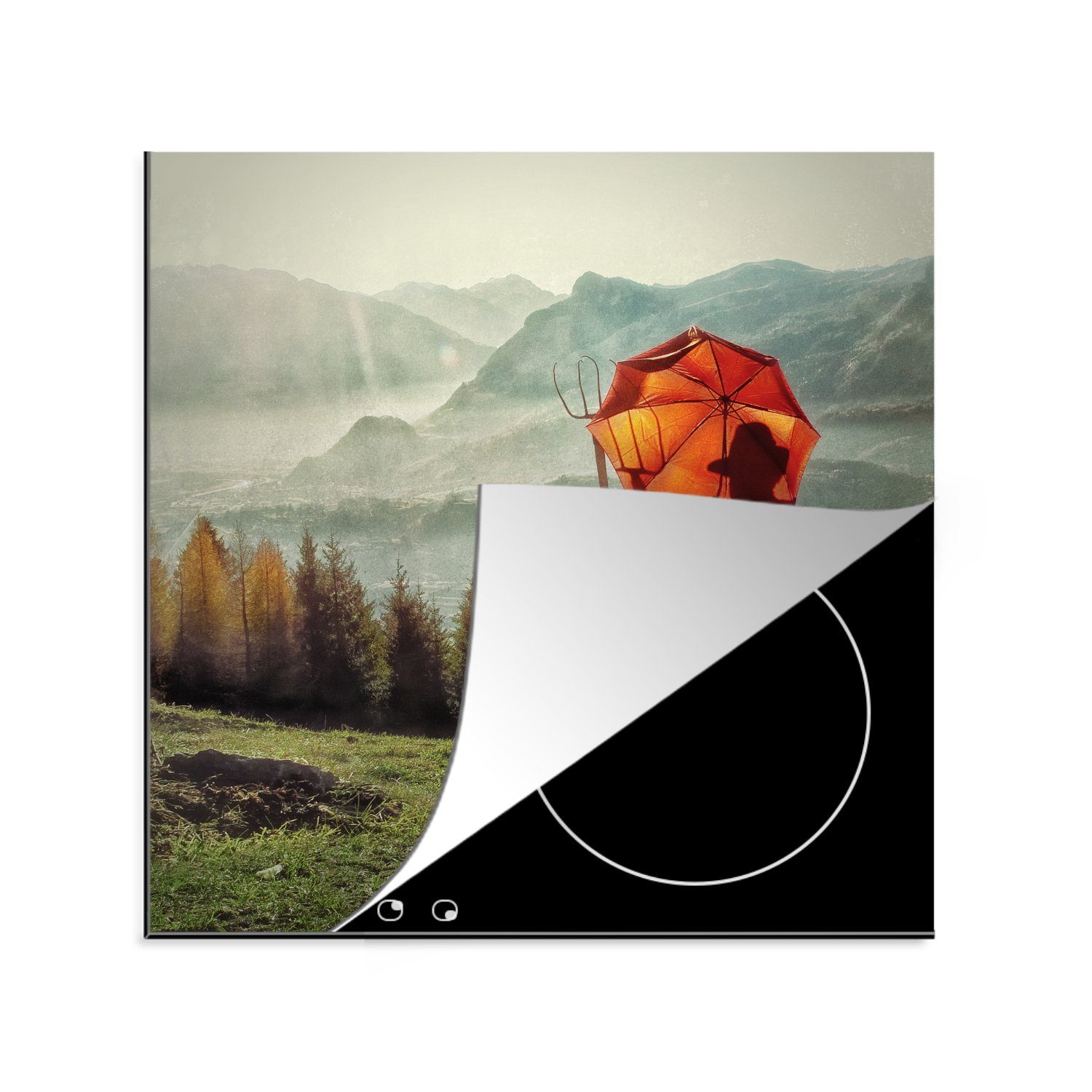 MuchoWow Herdblende-/Abdeckplatte Landwirt mit Regenschirm in der Schweiz, Vinyl, (1 tlg), 78x78 cm, Ceranfeldabdeckung, Arbeitsplatte für küche | Herdabdeckplatten