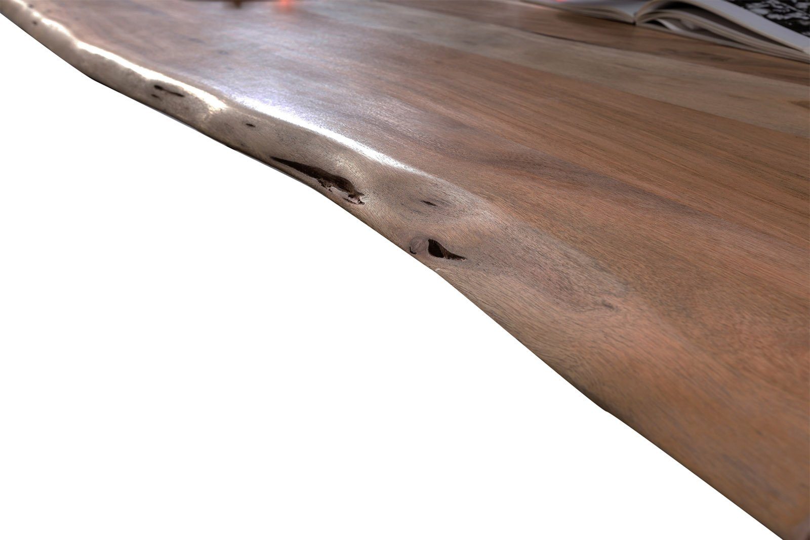 Akazienholz, SAM® Baumkante U-Form Couchtisch massiv, Talina, nussbaumfarben, Metallgestell
