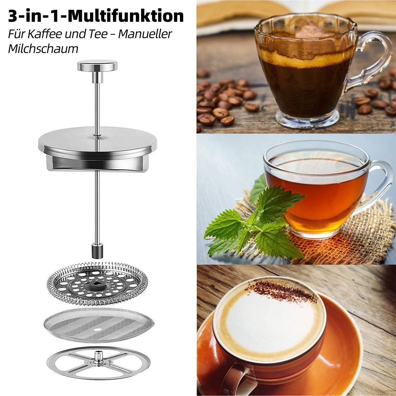OZAVO Kaffeebereiter Edelstahl Kaffeebereiter doppelwandig mit 5 Edelstahl-Filtern Φ9,5cm, French Press Kanne 1L, Stempelkanne Kaffeepresse für Camping & Büro – Bild 4 von 5