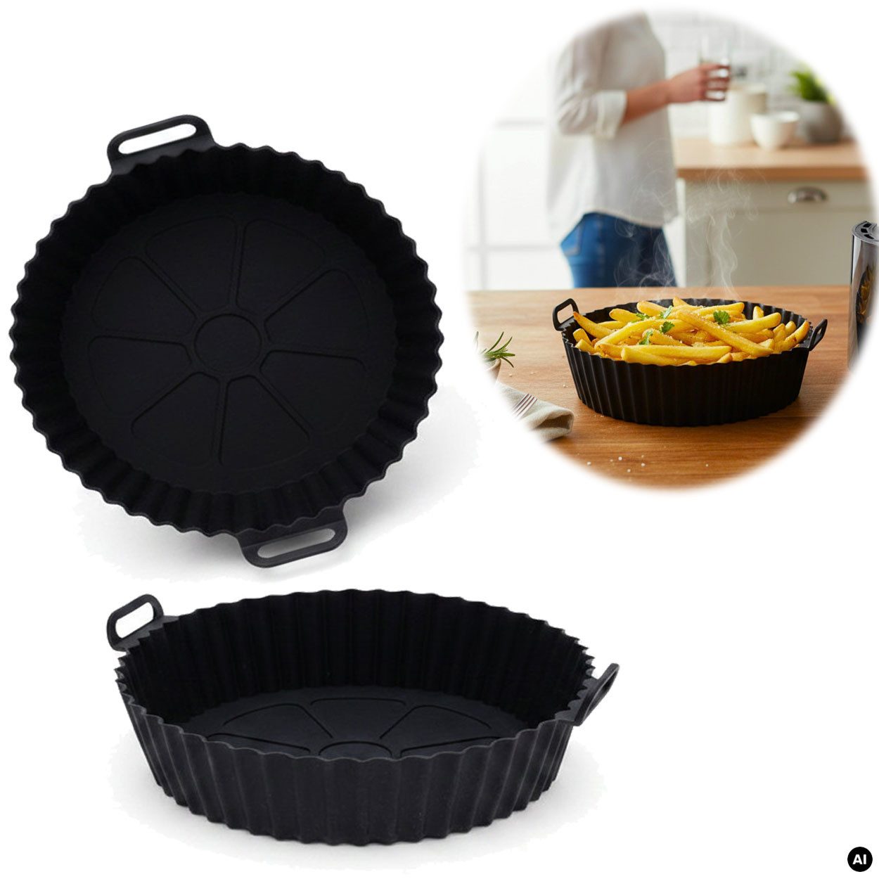 LS-LebenStil Backform Silikonform Rund 20cm Set Einsatz für Airfryer Heißluftfritteuse, (Heißluftfritteuse Antihaft Zubehör Backen Frittieren ohne Ankleben 2-tlg), passend für Philips, Ninja, Cosori