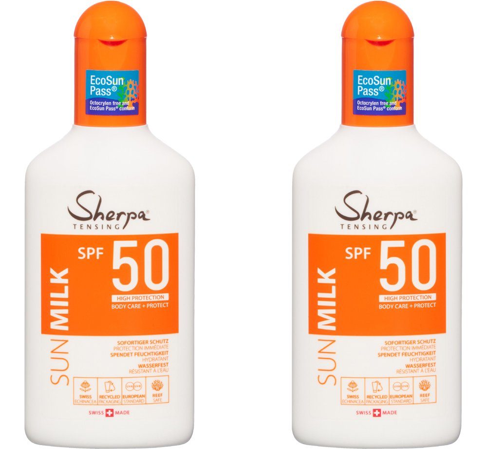 SPF Sonnenschutzcreme 50, Sonnenmilch Wasserfest, 2-tlg., Spendet UVA/UVB Feuchtigkeit, Filtersystem, Sherpa Vegan 2x175ml Tensing