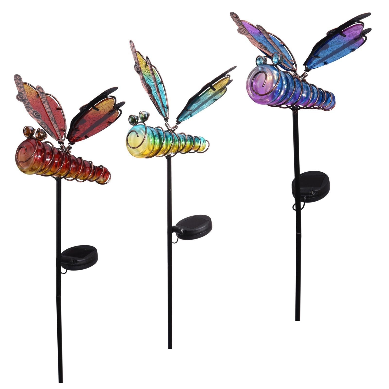 HTI-Living Gartenfigur Solarlampe, Gartenstecker 3er Set Metallstab, Tierleuchte Leuchtfigur Gartenfigur Libelle