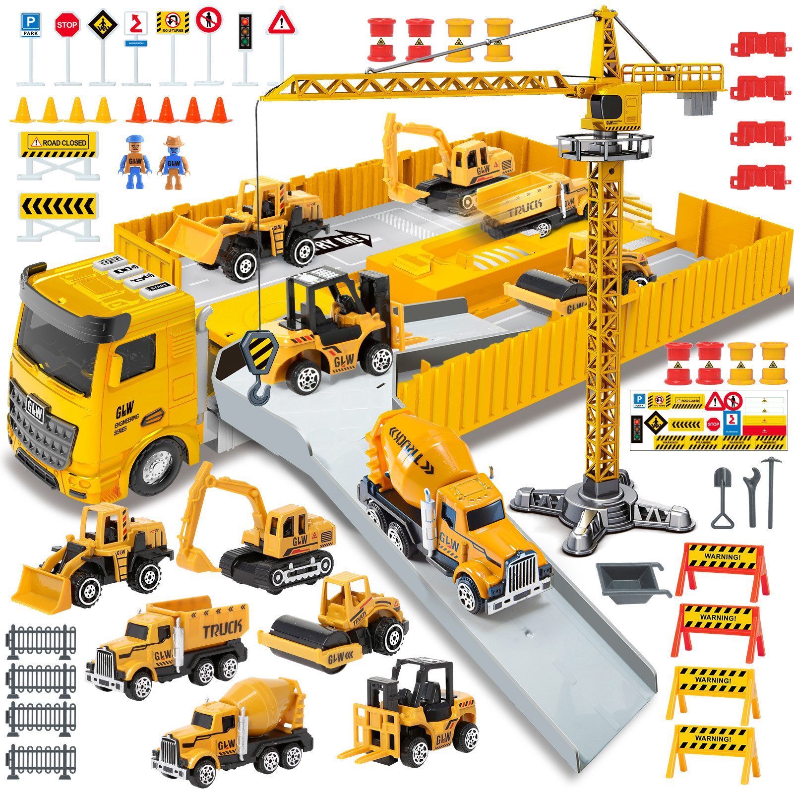 Wootoy Spielzeug-Baumaschine Baustellenfahrzeug Spielset Construction Set mit 6 Spielzeugautos, (mit 360° drehbarer Turmkran und bewegliche Fahrzeugteile, 7-tlg., Großes Baustellen-Set mit Transport-LKW Kran mehreren Baufahrzeugen), Licht- und Soundeffekt