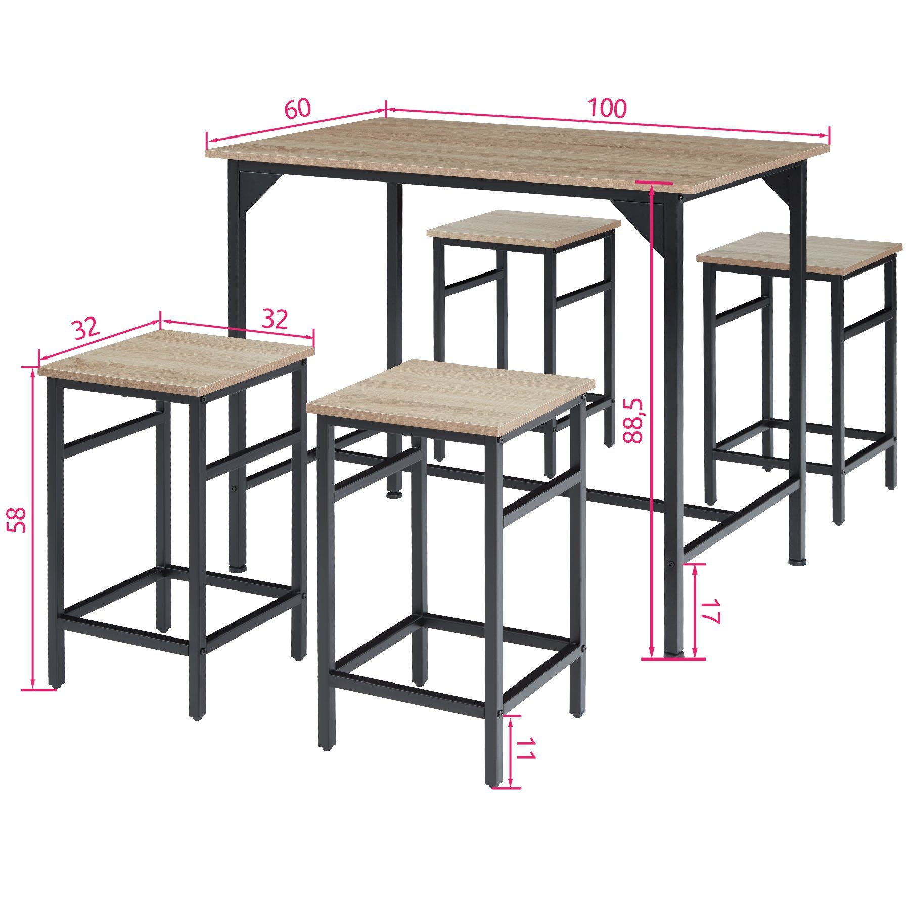 tectake Stehtisch | robuste Industrial (1-St., Holz Eiche hell, 5 tlg), beige Edinburgh Sonoma Oberfläche