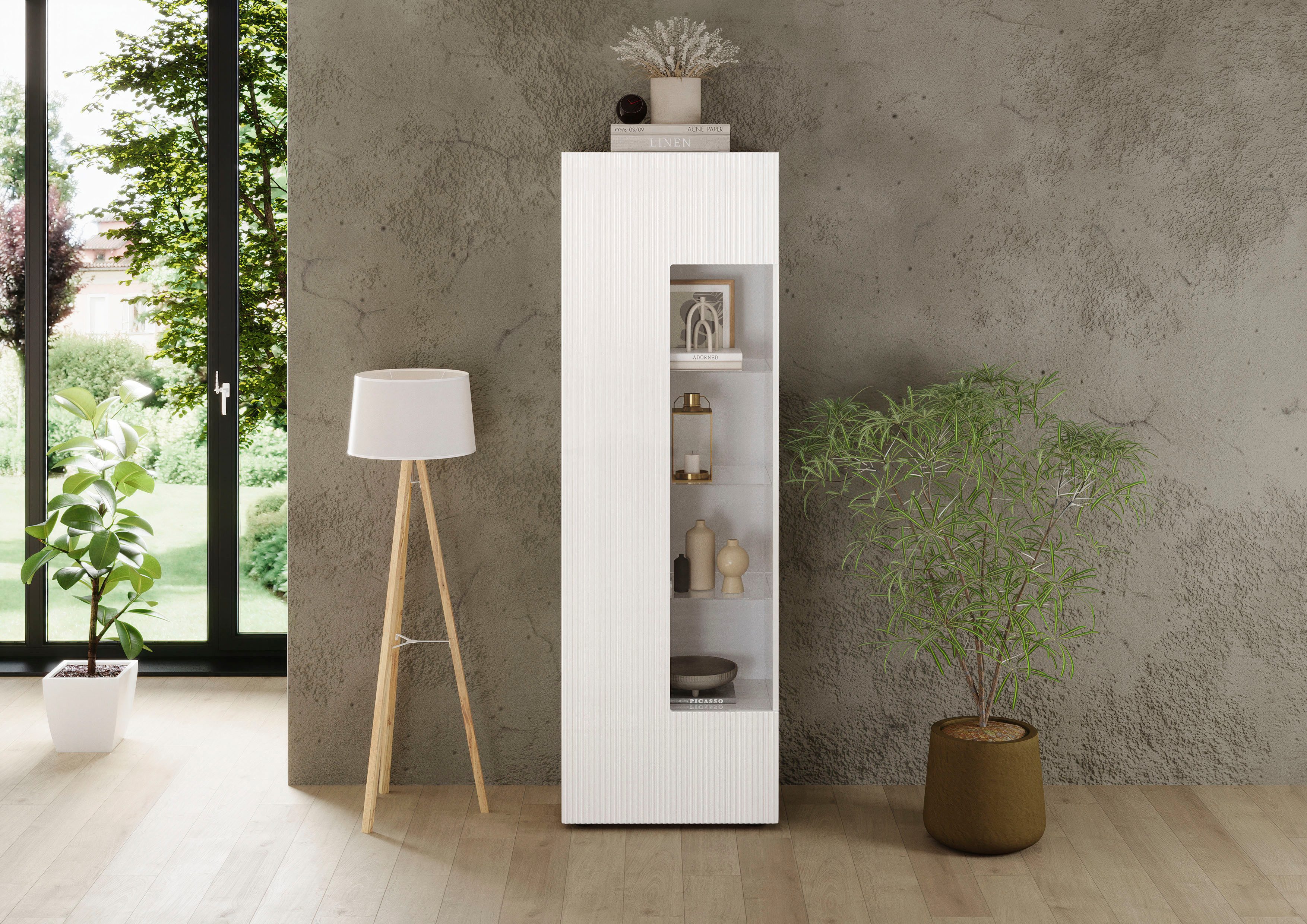 Home affaire Vitrine RIO, Höhe 187 cm, Hochschrank mit 1 Tür, Anrichte, Standvitrine Vitrinenschrank, geriffelte MDF-Front, modern, elegant, geräumig