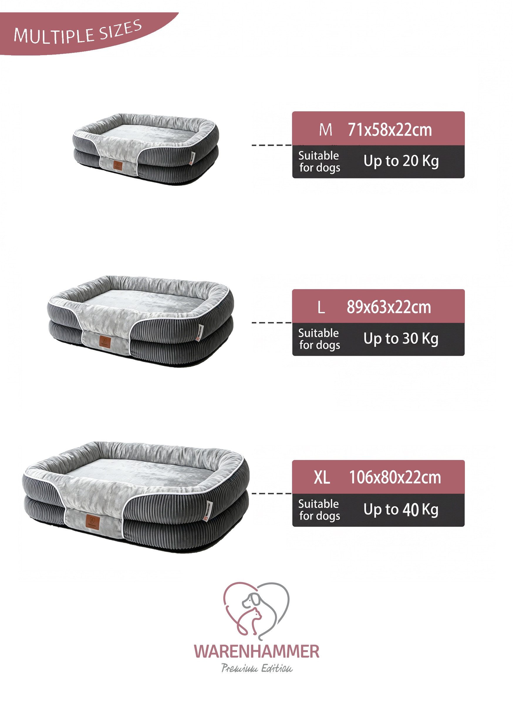 Warenhammer Hundebett Orthopädisches Premium Hundebett, flauschig weich, Abnehmbar,Waschbar, Flockenfüllung für eine stützende Umrandung, verschiedene Größen – Bild 2 von 5