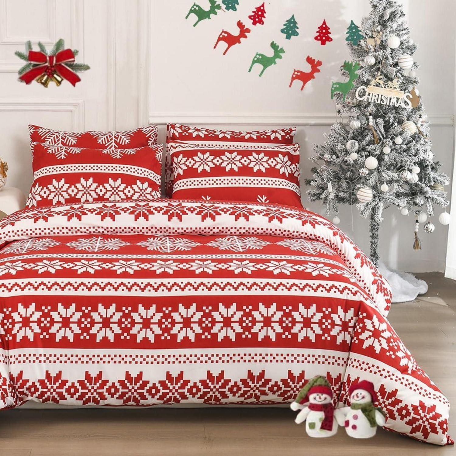 LuxusKollektion Wendebettwäsche Bettwäsche 135x200cm 4tlg Weihnachten Rot Mikrofaser