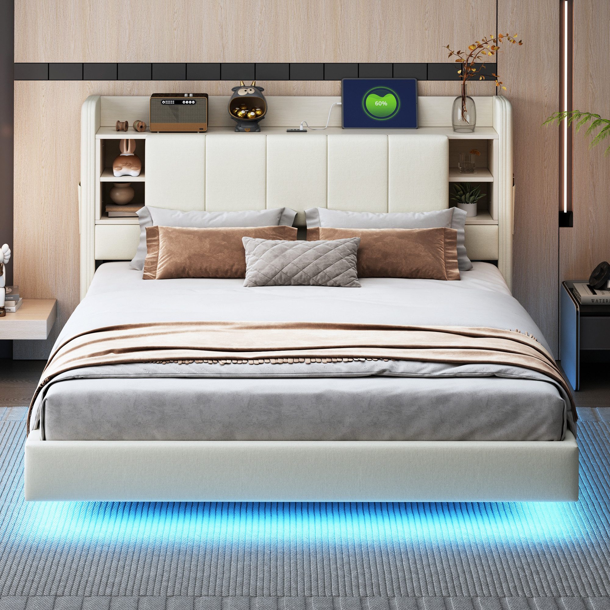 Flieks Polsterbett, LED Schwebebett Doppelbett 160x200cm günstig online kaufen