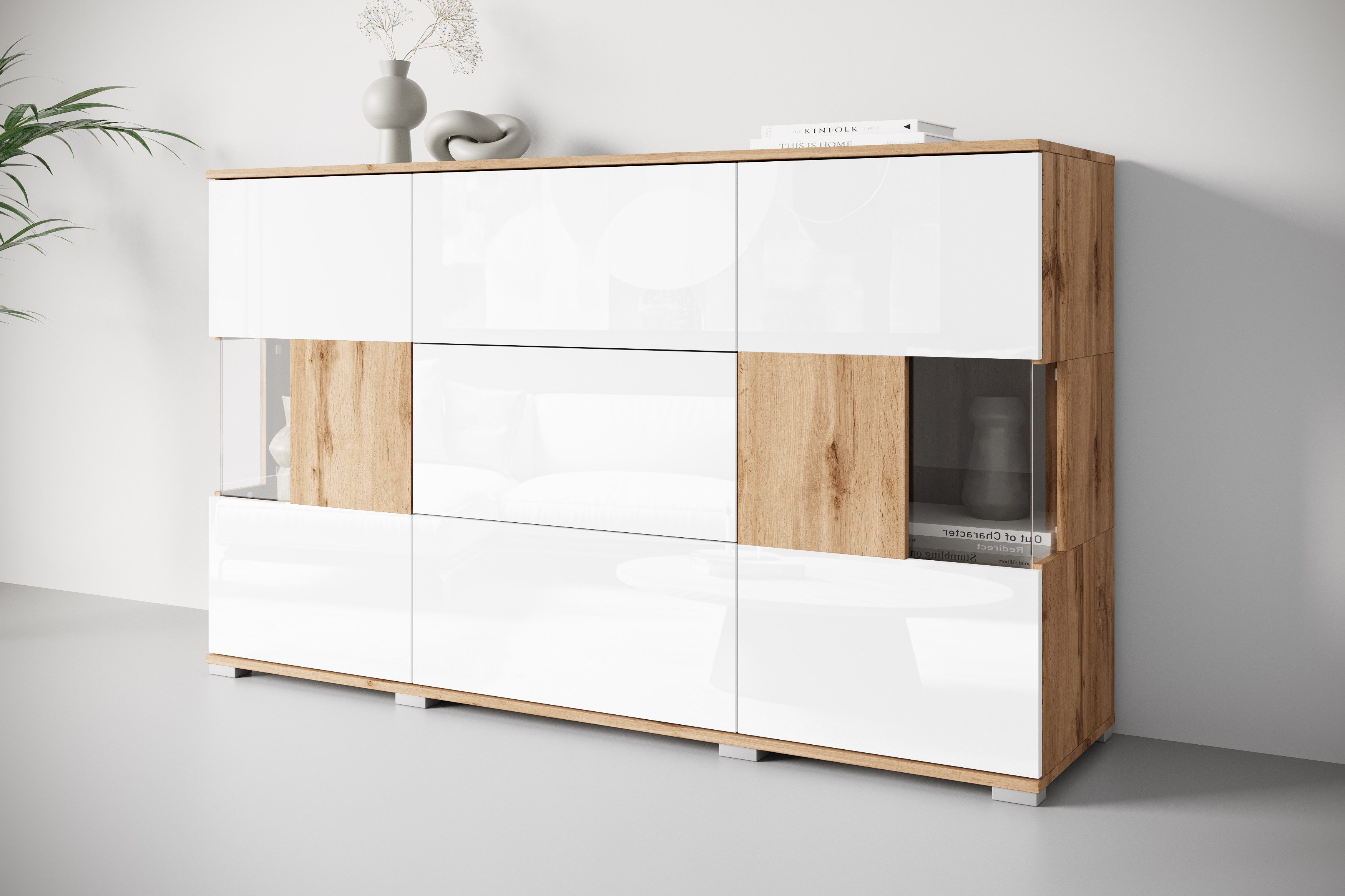 OTTO home Sideboard Kenia (1 St), Sideboard mit 3 Schubladen, 6 Fächern, Glastüren, Breite 150 cm
