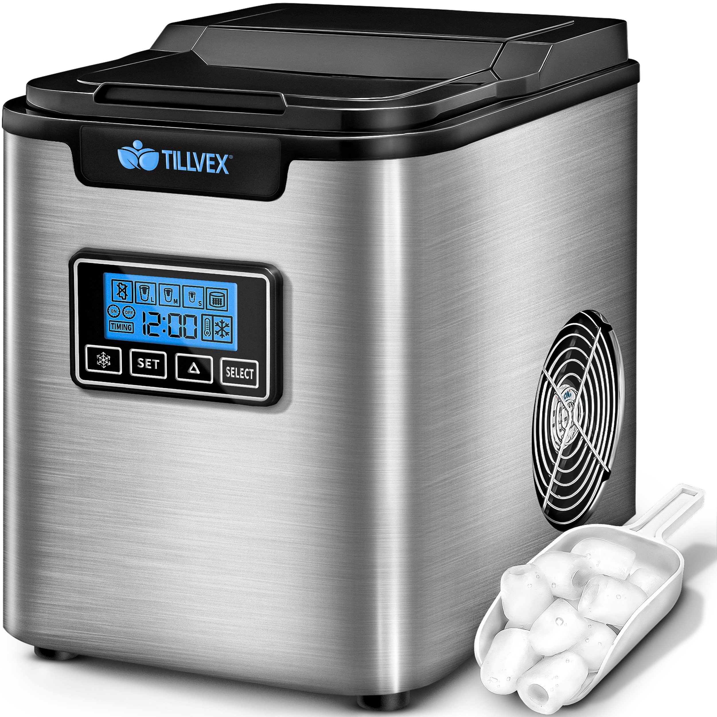 tillvex Eiswürfelmaschine Edelstahl 12 kg - 24h, Eiswürfelbereiter mit  Timer, 2,2 Liter Wassertank, Ice-Maker LCD-Display