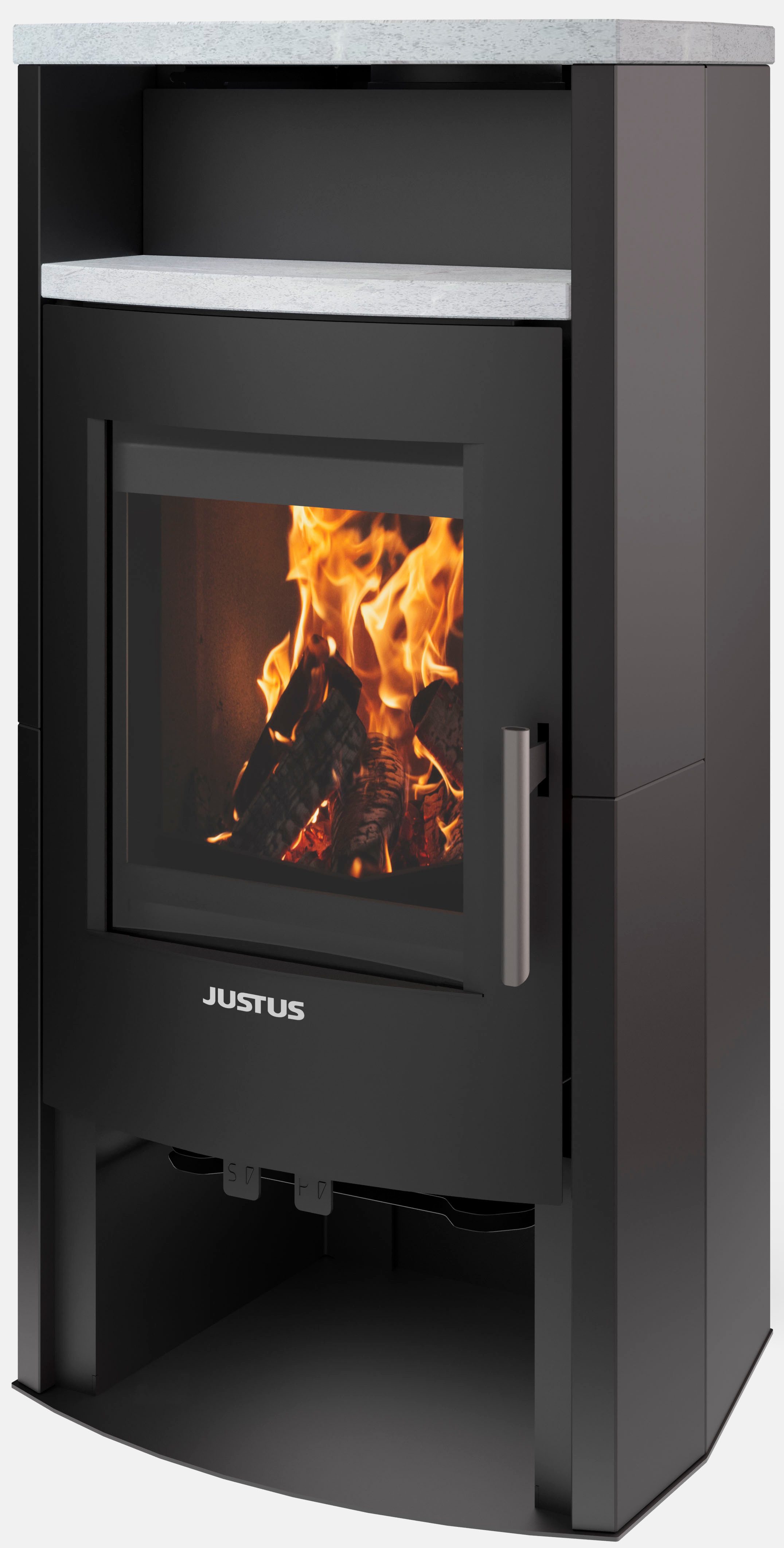 JUSTUS Kaminofen Lara, mit massivem Top- & Teefachstein, Lieferung bis ins Wohnzimmer, 6,5 kW, Zeitbrand, schau das Video