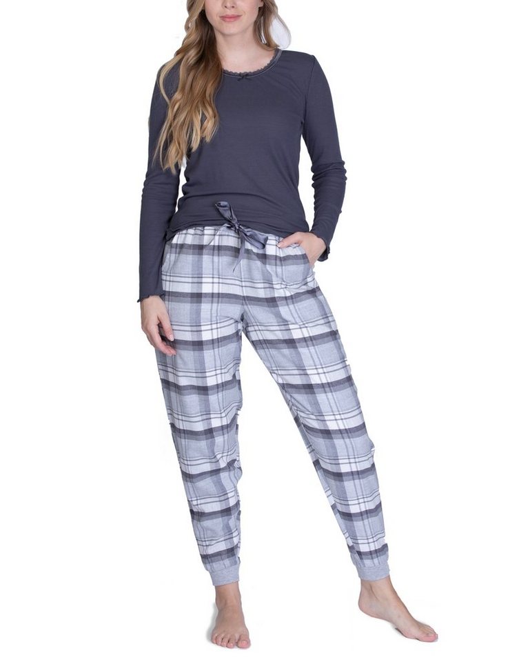 maluuna Pyjama Damen Schlafanzug mit Flanellhose und Bündchen