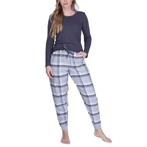 maluuna Pyjama Damen Schlafanzug mit Flanellhose und Bündchen