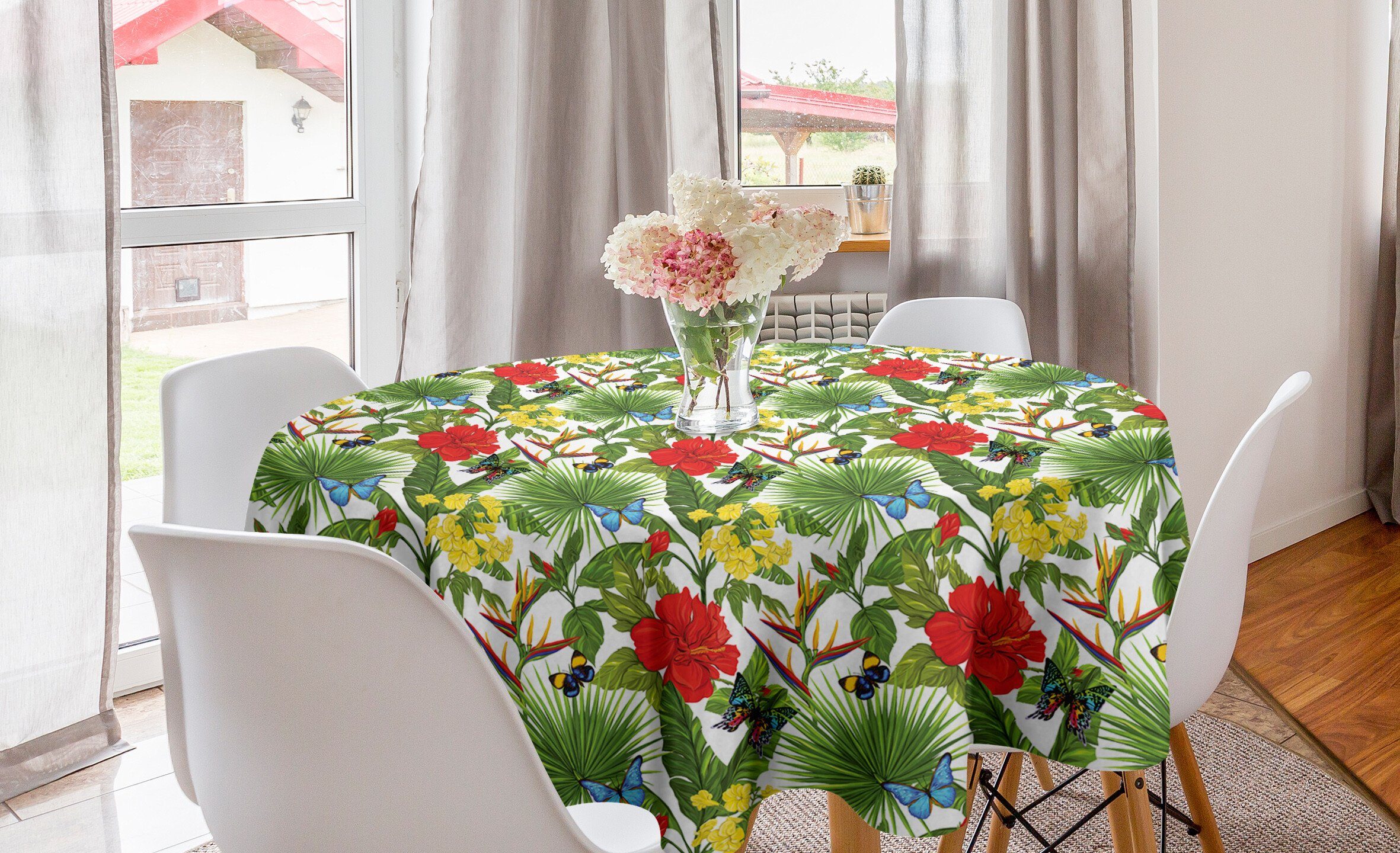 Abakuhaus Tischdecke Kreis Tischdecke Abdeckung für Esszimmer Küche Dekoration, Exotisch Fröhlich Hibiskus-Schmetterling