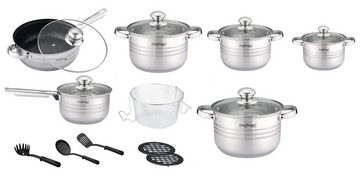 KESSMANN Topf-Set 4 Kochtöpfe 1 Stieltopf 1 Bratpfanne 6 Deckel Inkl. Zubehör 18 Tlg, Edelstahl 18/10 (Set, 26-tlg., Wender + 2 Untersetzer + Löffel + Spaghettilöffel + Frittiersieb), + 8 teilig Messerblock Messerset Besteckset Antihaft Induktionsherd