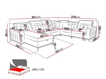 MIRJAN24 Wohnlandschaft Baltico VII, mit drei Bettkästen und Schlaffunktion, Einstellbare Kopfstützen, U-Form, Kissen-Set