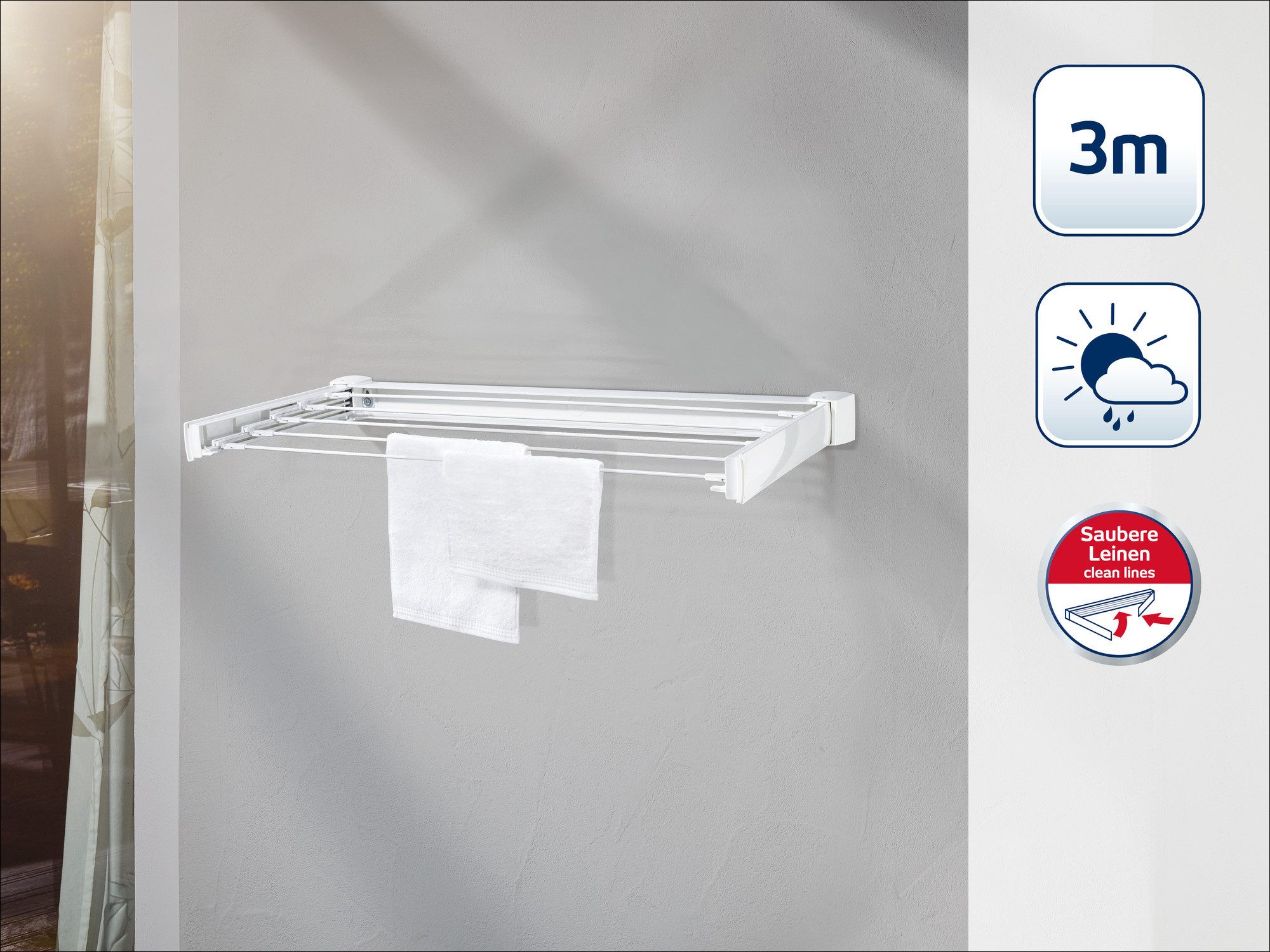Leifheit Wandwäschetrockner Wandtrockner Telegant 30 Protect, 3m Trockenlänge, 5 Trockenstäbe (60cm), Balkon oder Bad, ausziehbar
