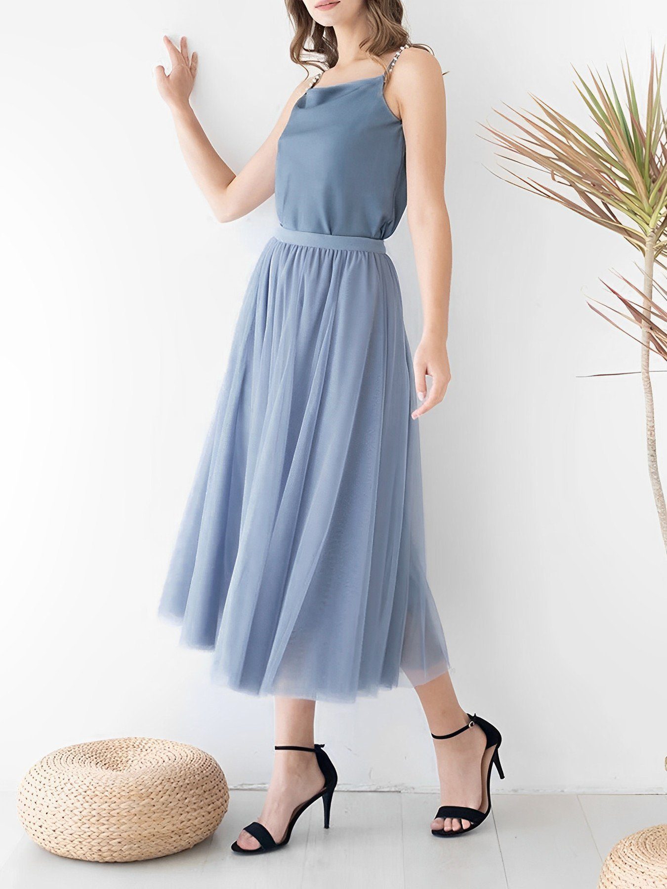 DEBAIJIA Meshrock Meshrock Damen Maxirock Sommer Elegant Lange Röcke Kleid Hohe Taille