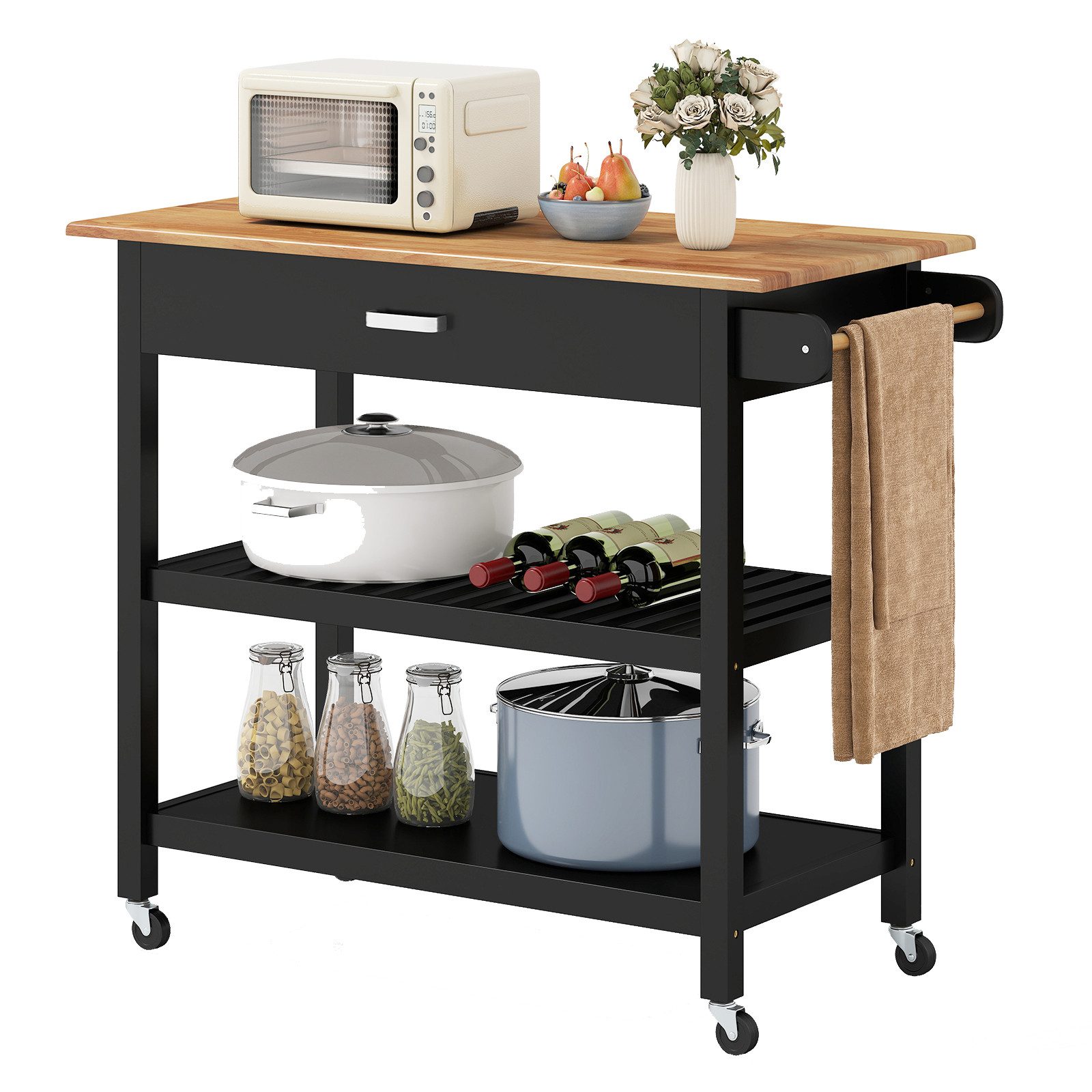 COSTWAY Küchenwagen, Mit Schublade, Rollen und Arbeitsplatte, Holz, schwarz
