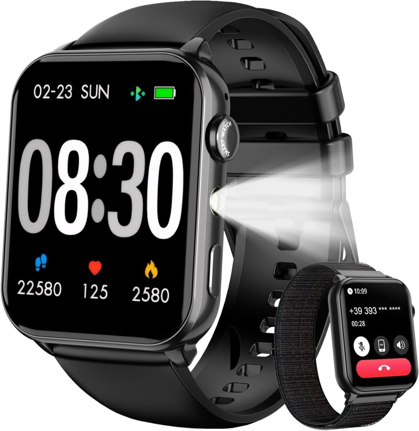 blackview 1,91 Zoll Smartwatch Damen Herren mit Taschenlampe, Bluetooth Anrufe Smartwatch (4,85 cm/1,91 Zoll, iOS/Android), 350mAh (6+Tage),100+ Sportmodi,Fitnessuhr für Android iOS,Herzfrequenz