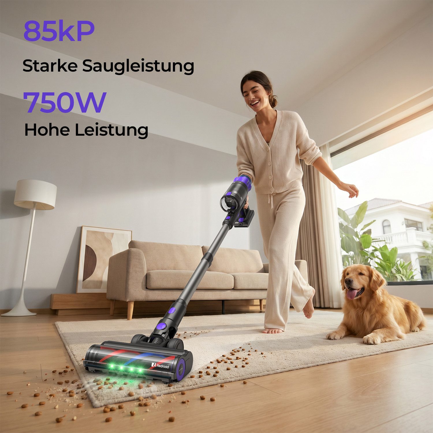 redroad Akku-Hand-und Stielstaubsauger 85000Pa Akkustaubsauger 750W/90Min/ Staubsauger Kabellos, 750 W, 2,8 L Kabelloser Staubsauger - Extra leiser Elektrischer Staubsauger mit Anti-Verwickdungsburste, 2,8L Staubbehälter, 45dB leise/11-Stufen-Filter/OLED Display