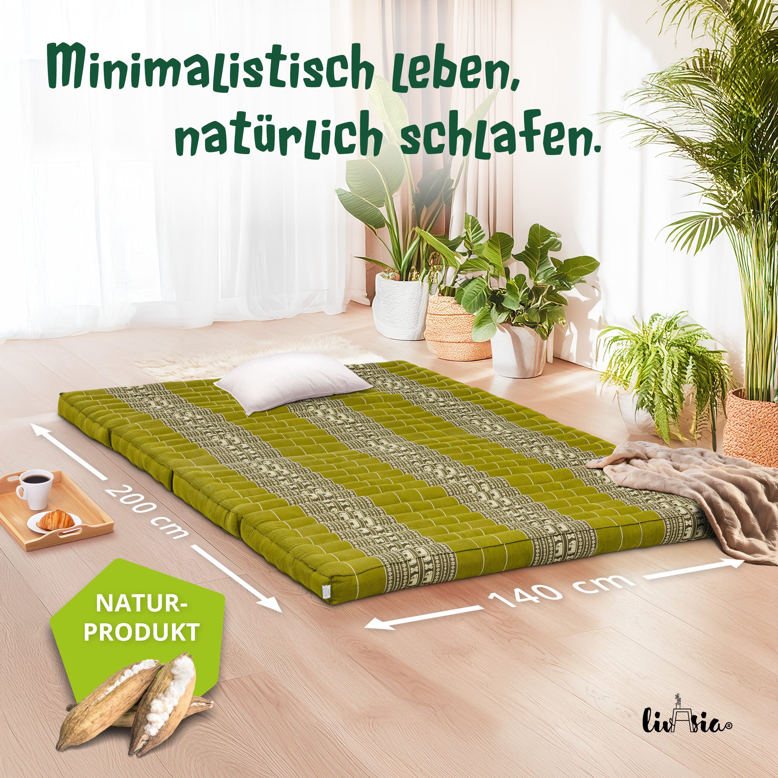 Klappmatratze Faltmatratze 140 cm (Classic) - 200x140x8cm -, livasia, 8 cm hoch, Kapok, vegan, handgefertigt