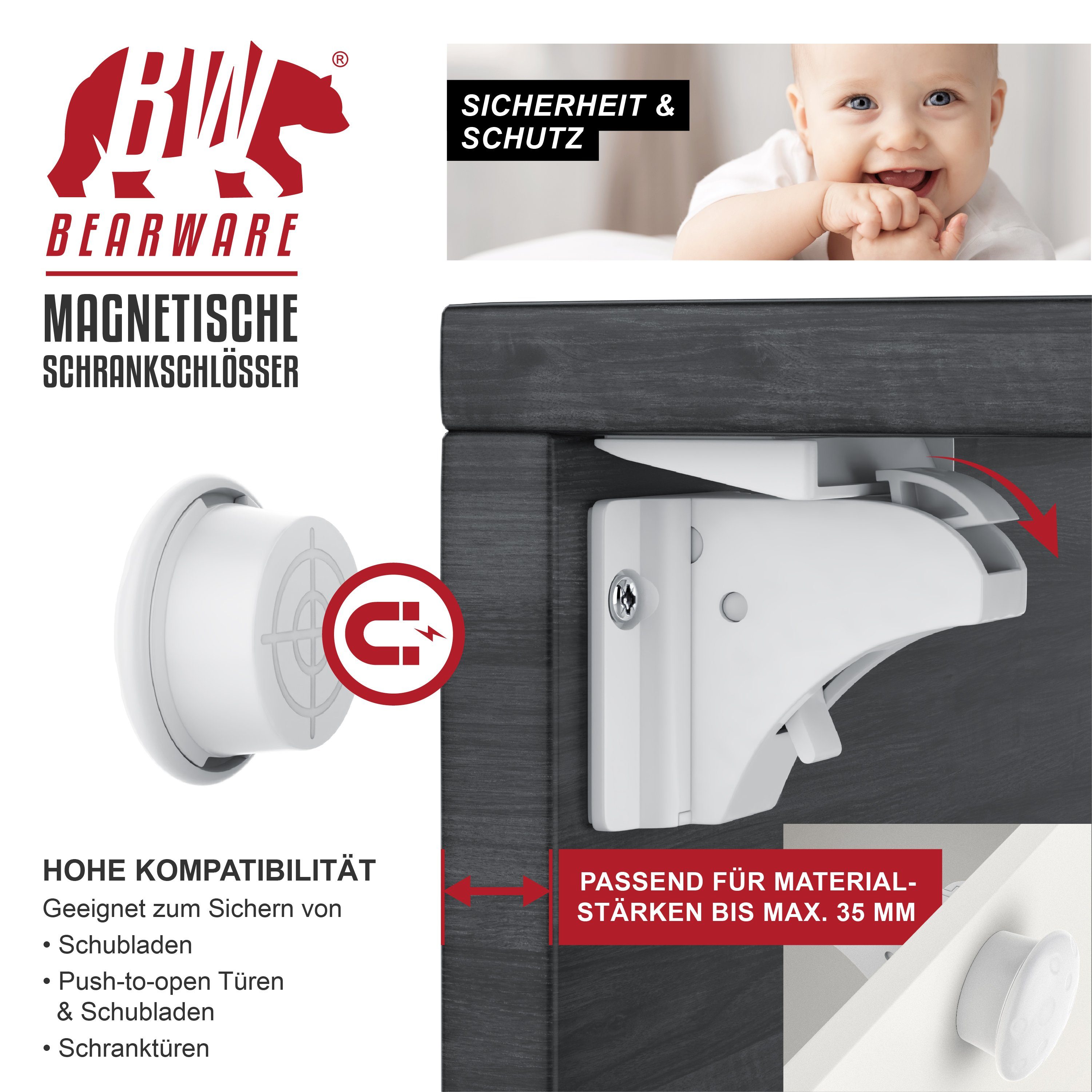 BEARWARE Kindersicherung Babysicherung Schrankschloss, Schranksicherung magnetisch 10 Schlösser, Magnet Schloss für Schrank und Schubladen, Bohren ohne Werkzeug