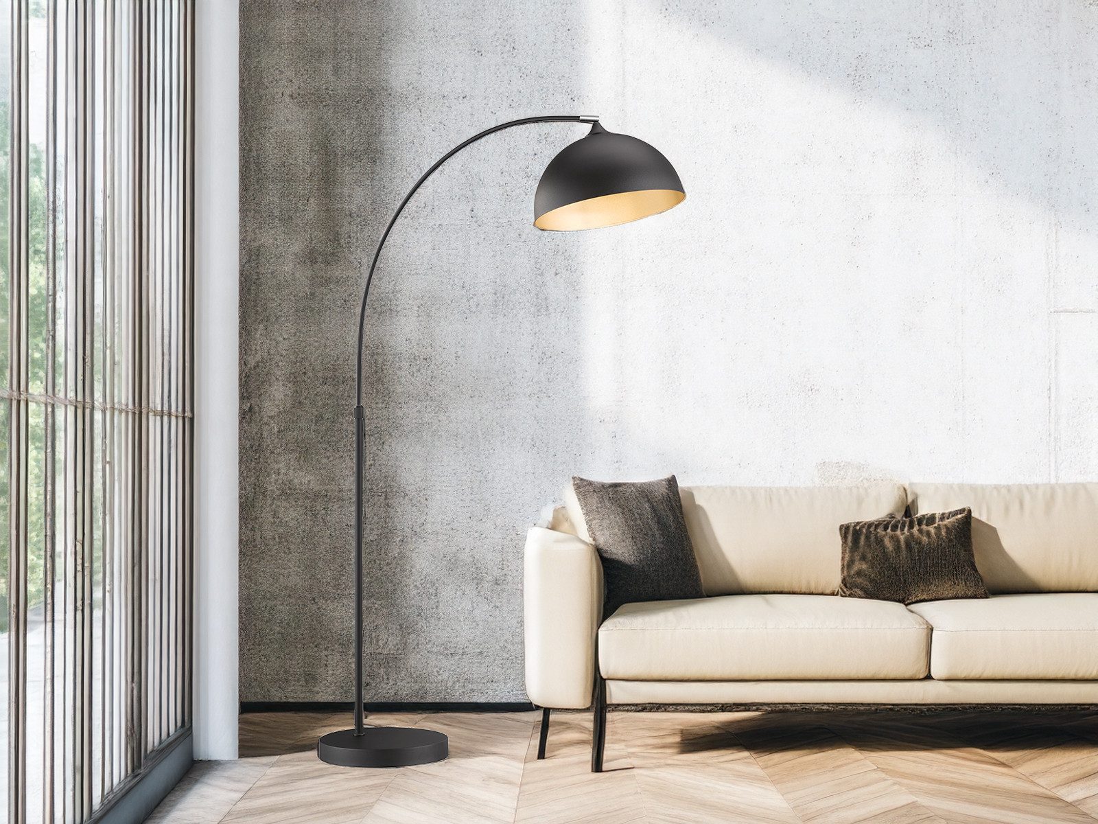FISCHER & HONSEL LED Bogenlampe, Dimmfunktion, LED wechselbar, Warmweiß, Große Industrial Stehlampe ge-bogen Schwarz Gold-en, dimmbar H: 200cm