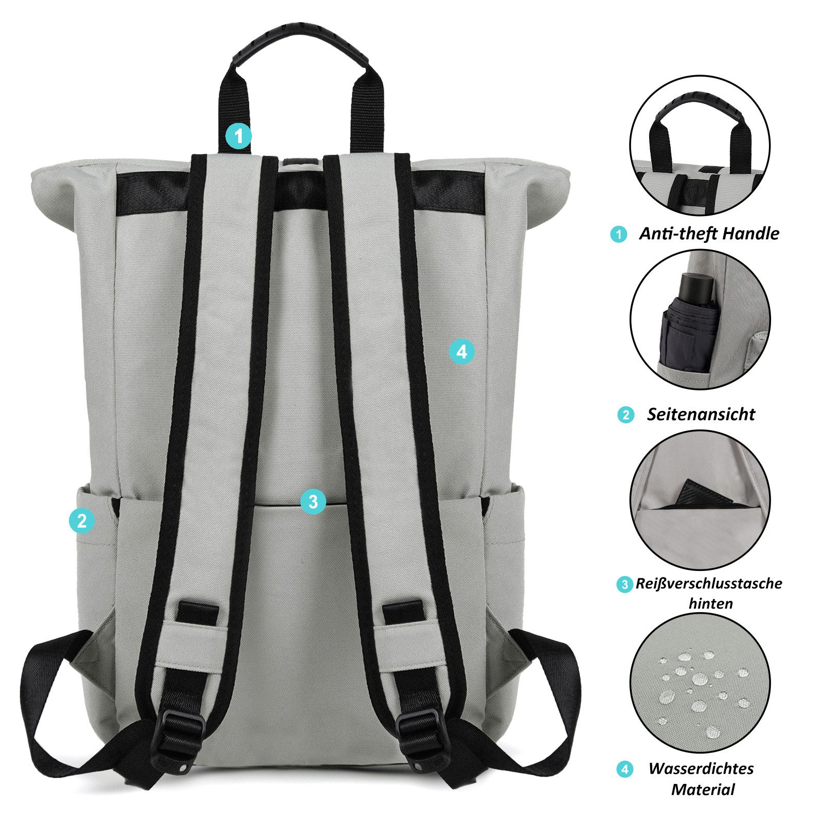 TAN.TOMI Cityrucksack Rolltop Rucksack Damen Herren, Rucksack Laptop Tasche 15,6 Zoll (Damen Herren weit öffenbar, Rolltop Rucksack wasserdicht), Backpack Daypack für Schule,Fahrradfahren,Freizeit und Reise