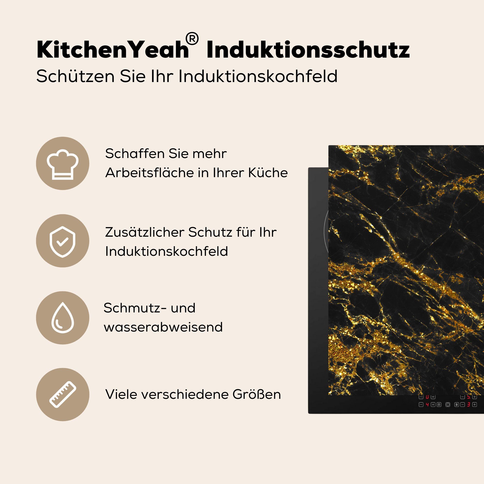 Arbeitsplatte cm, (1 küche 78x78 für Vinyl, Marmor Schwarz, Herdblende-/Abdeckplatte Ceranfeldabdeckung, - - MuchoWow Gold tlg),