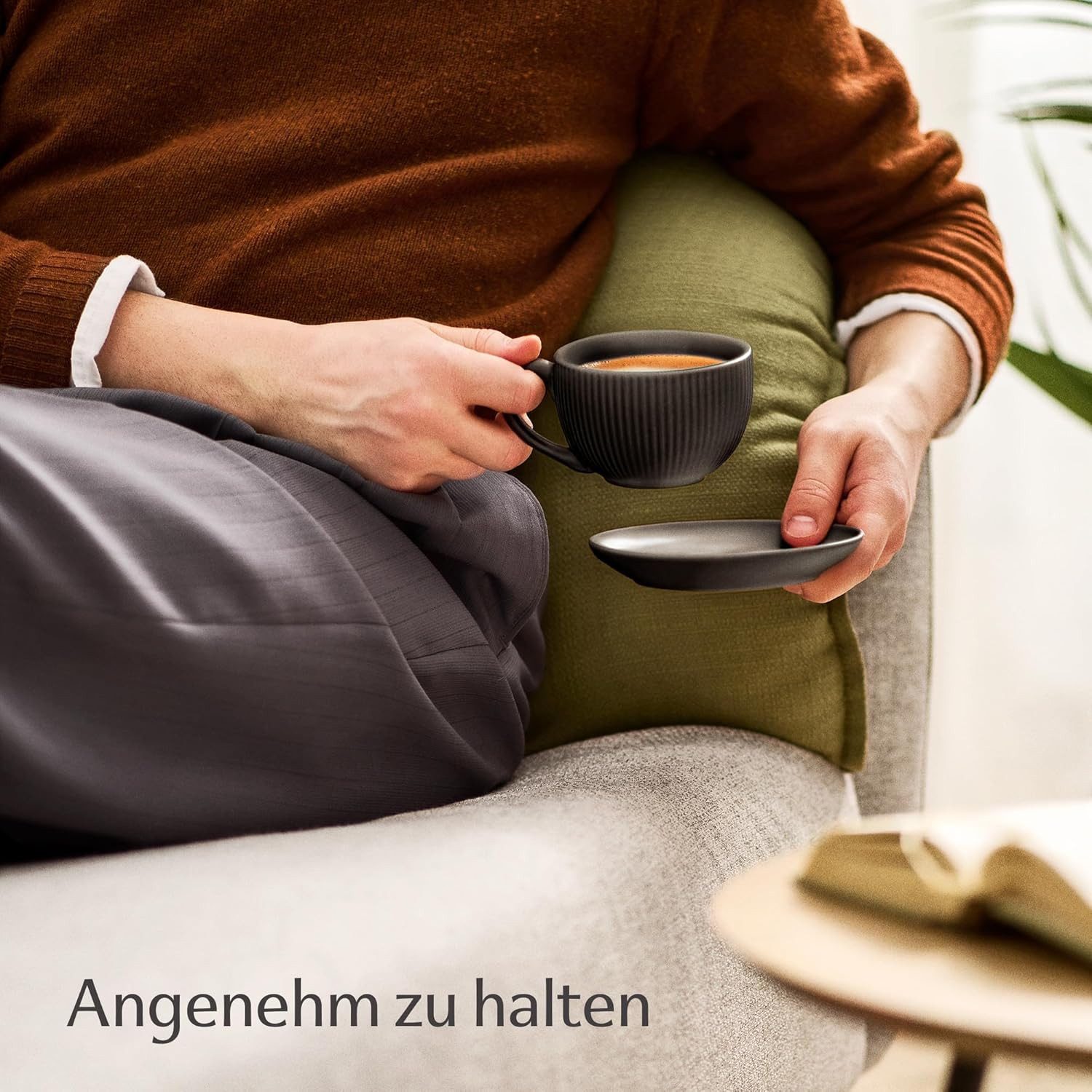 Cosumy Cappuccinotasse 6er Set mit Untertassen - 200 ml Kapazität - mattes Streifendesign, 12-tlg., Keramik, Dickwandig, hält lange warm, spülmaschinen- & mikro – Bild 5 von 5