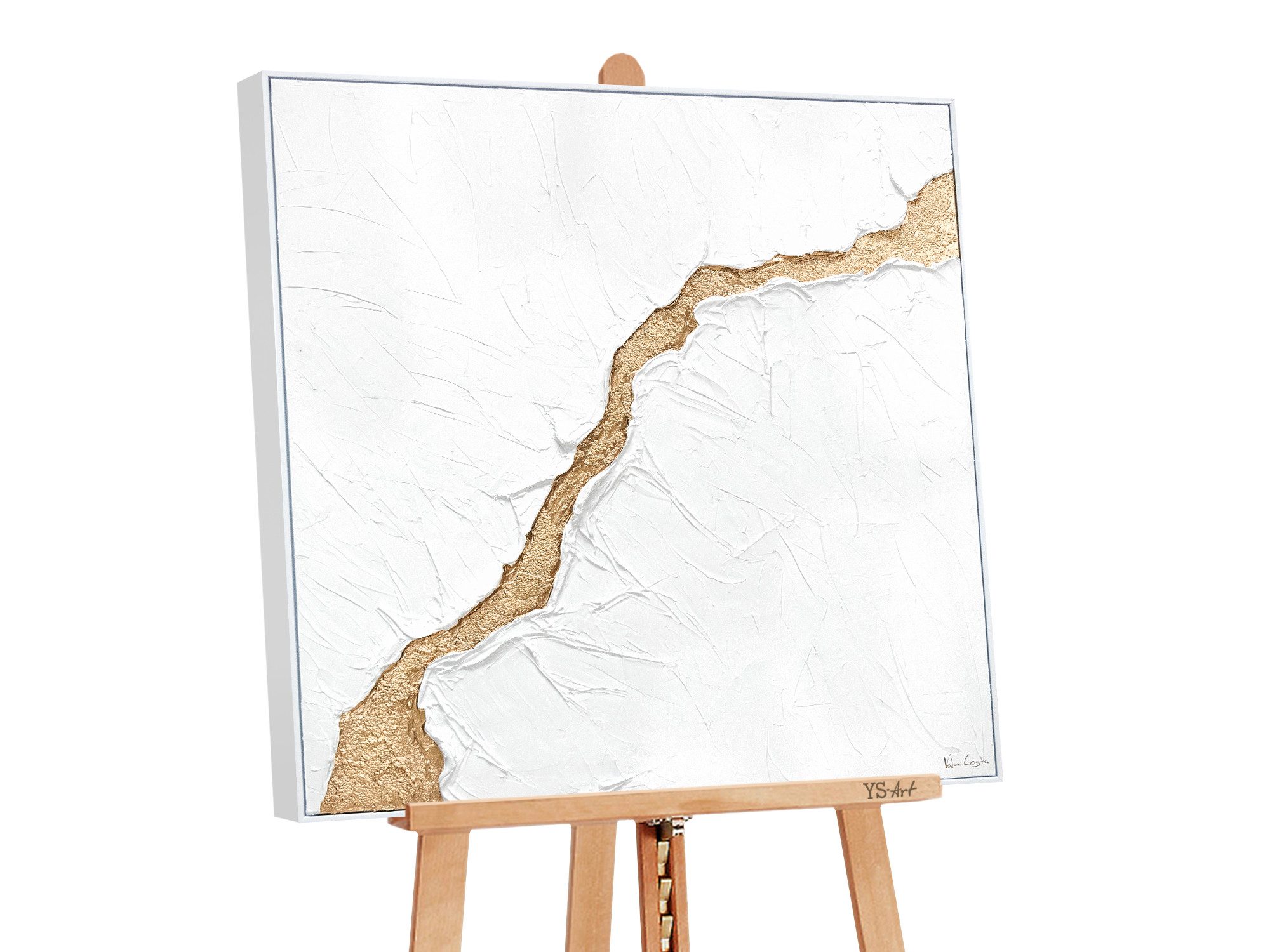 YS-Art Gemälde Die Flut, Struktur Leinwand Bild Handgemalt Abstrakt mit Rahmen in Weiß Gold